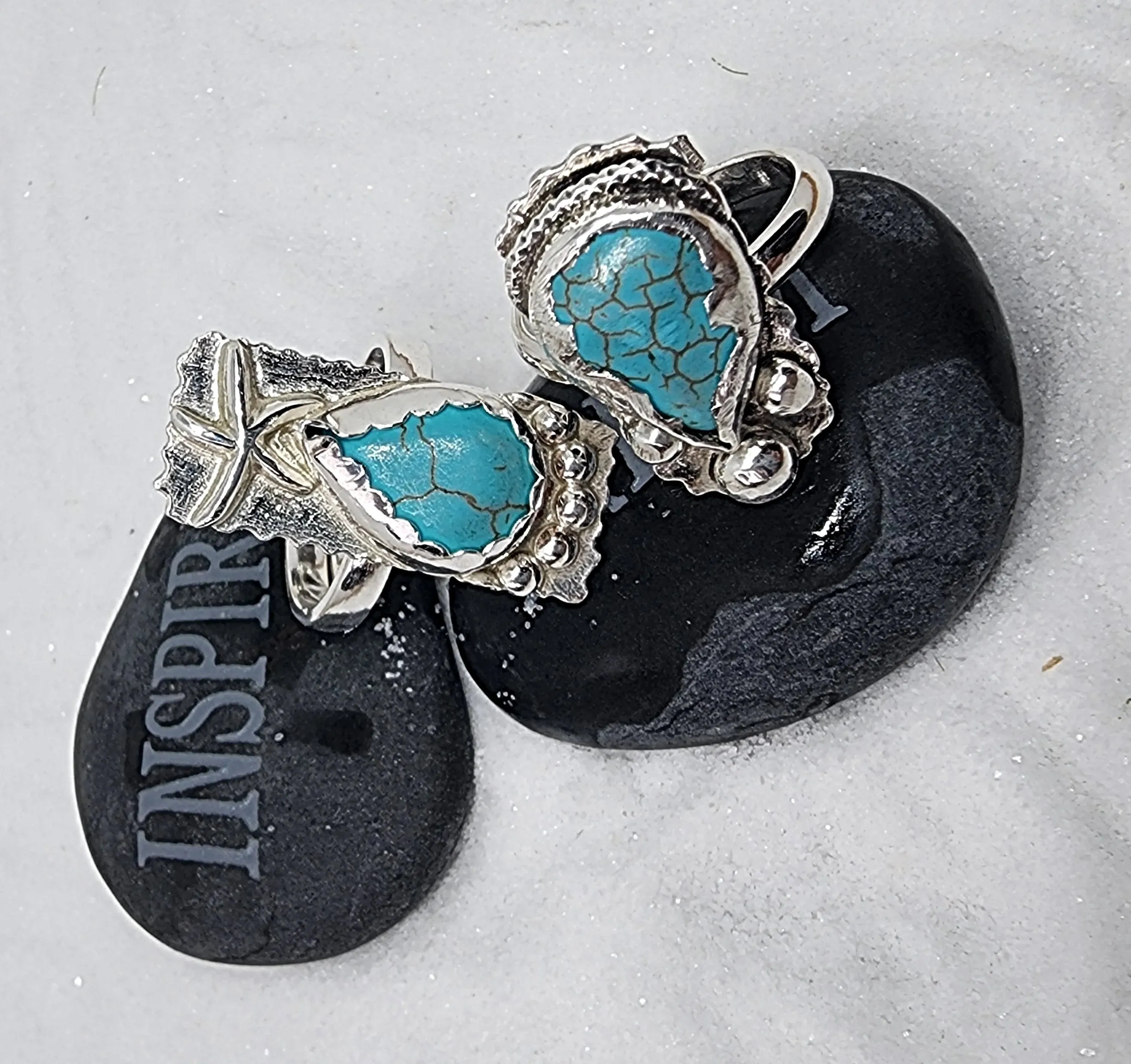 Adjustable Sterling Silver Turquoise Howlite Ring with Starfish | Handmade Boho Mermaid Jewelry