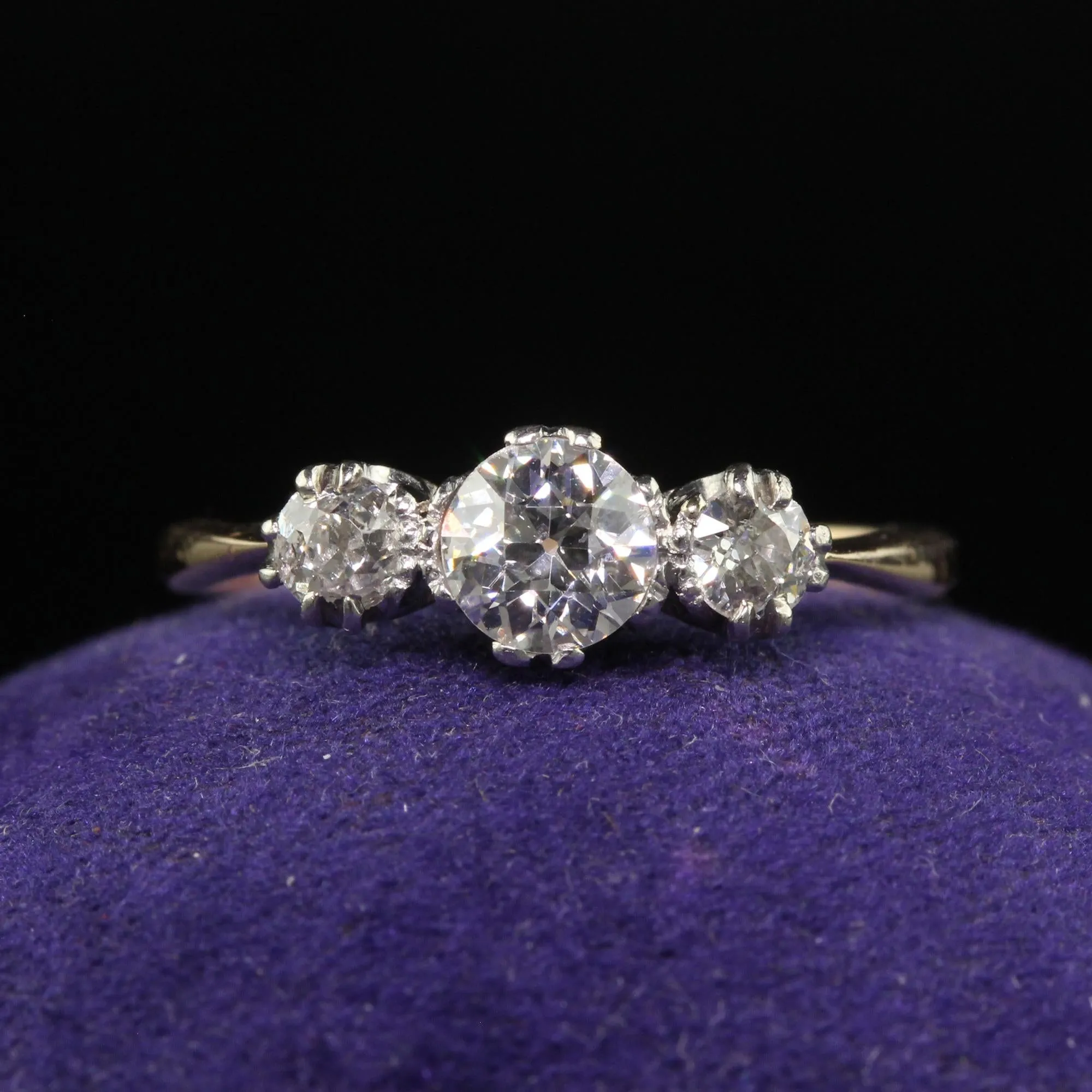 Antique Art Deco 18K Gold and Platinum Three Stone Old Euro Diamond Ring