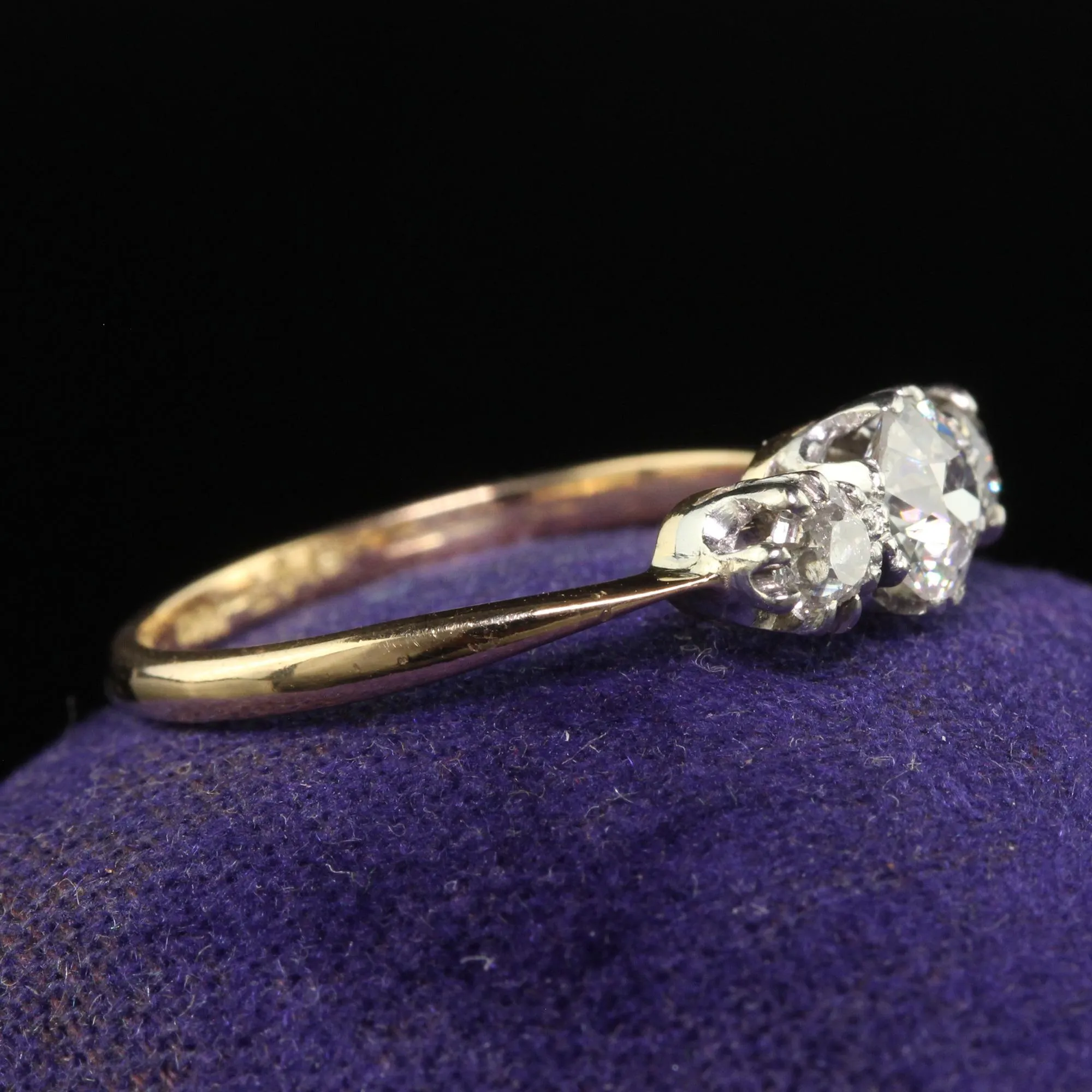 Antique Art Deco 18K Gold and Platinum Three Stone Old Euro Diamond Ring