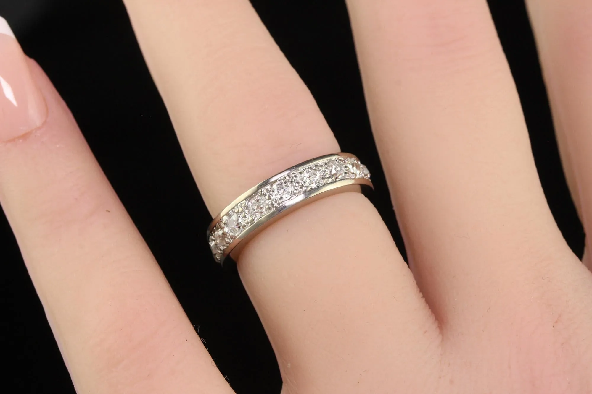 Antique Art Deco Platinum 18K French Old Mine Diamond Eternity Band - Size 4 3/4