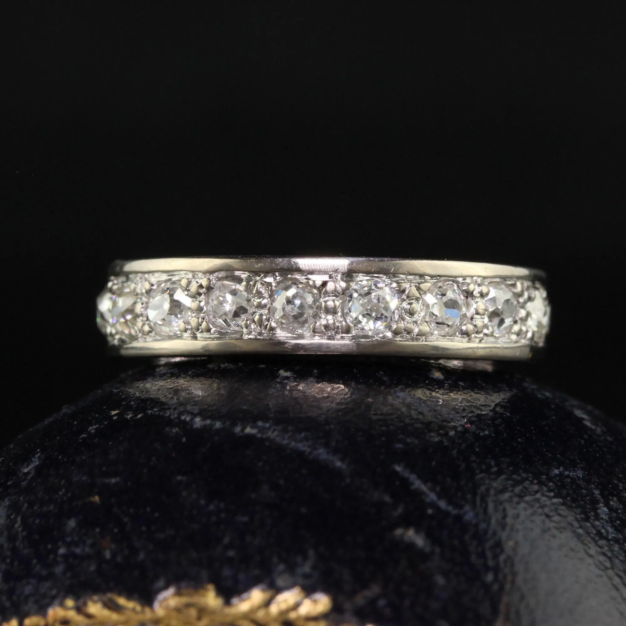 Antique Art Deco Platinum 18K French Old Mine Diamond Eternity Band - Size 4 3/4