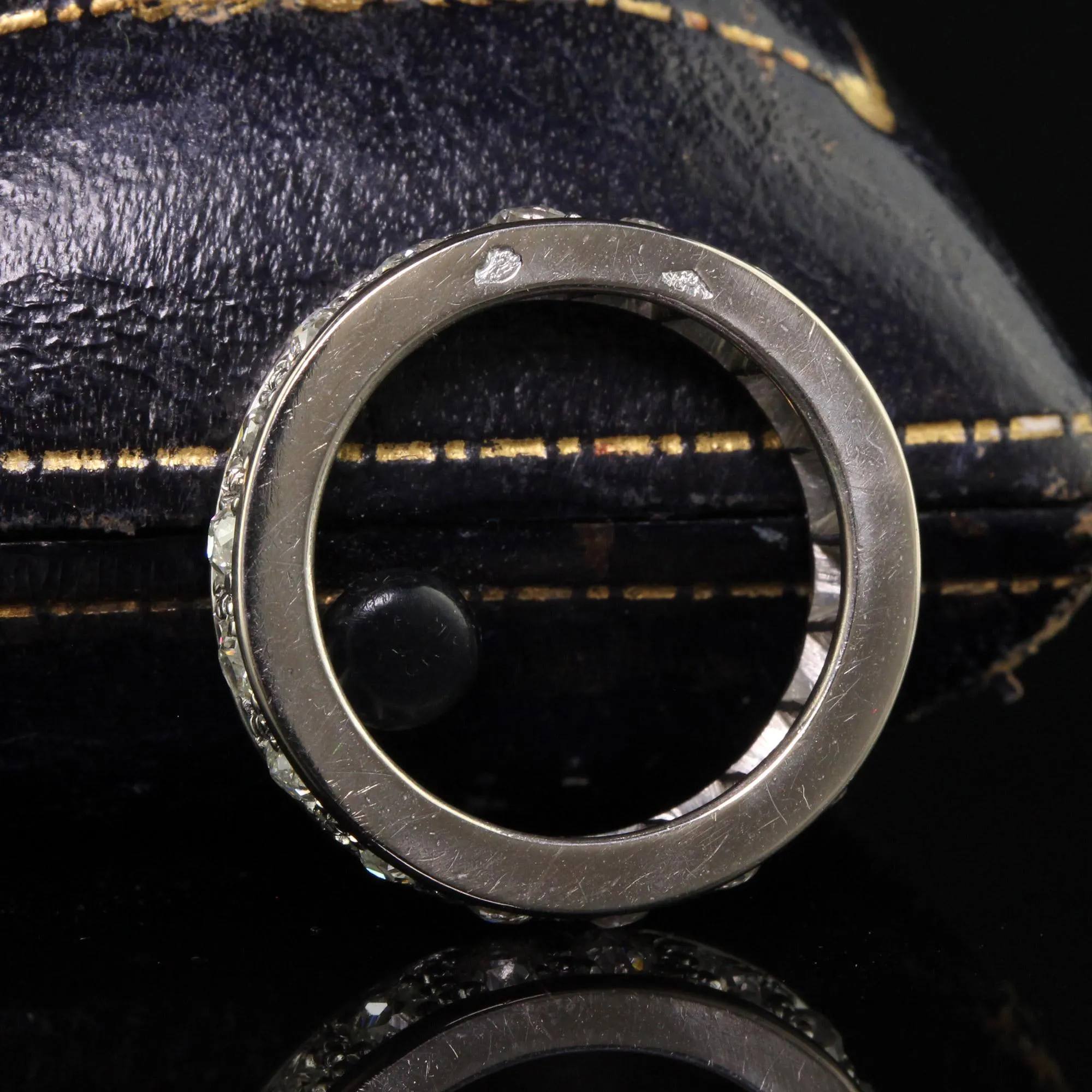 Antique Art Deco Platinum 18K French Old Mine Diamond Eternity Band - Size 4 3/4