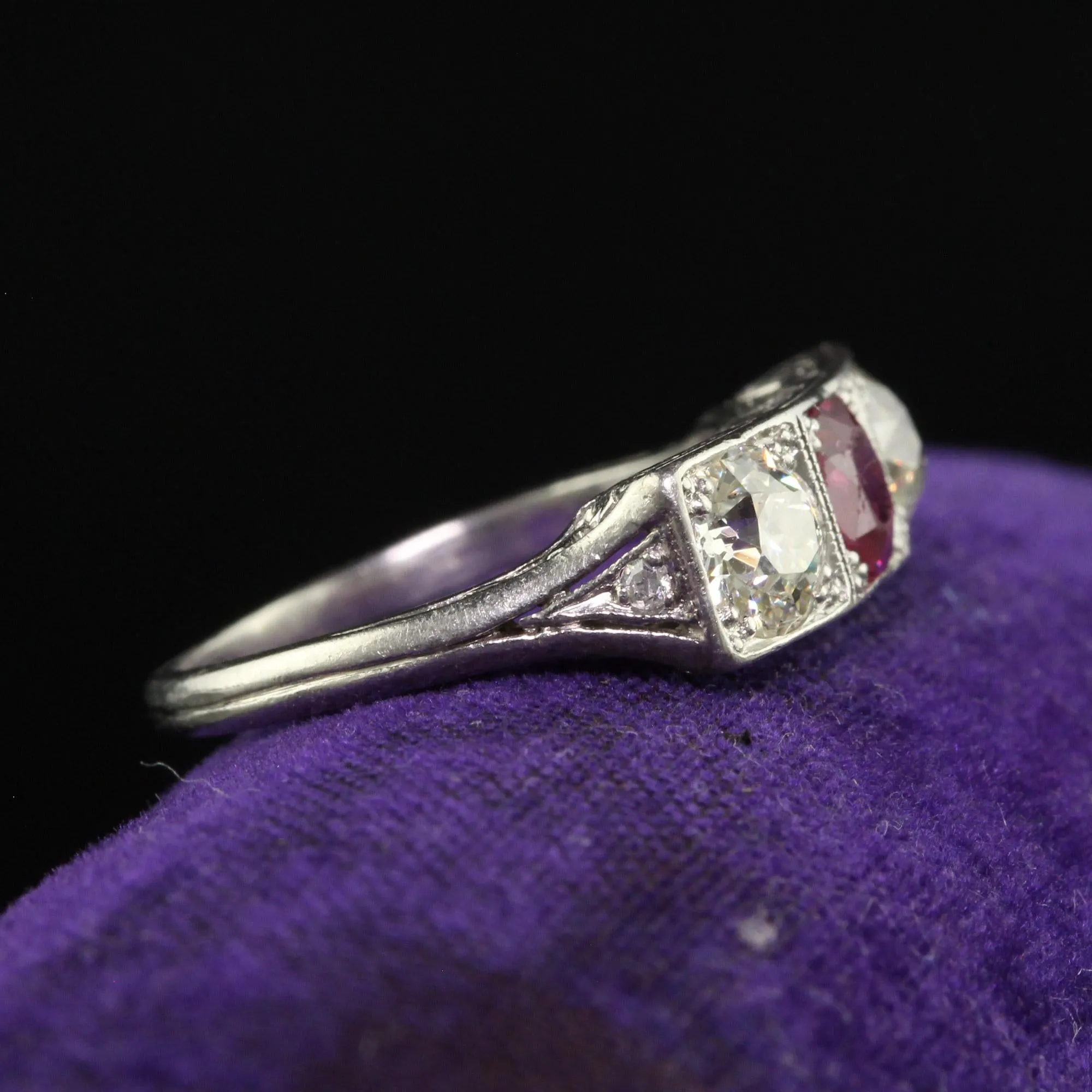 Antique Edwardian Platinum Old Mine Ruby and Diamond Three Stone Ring