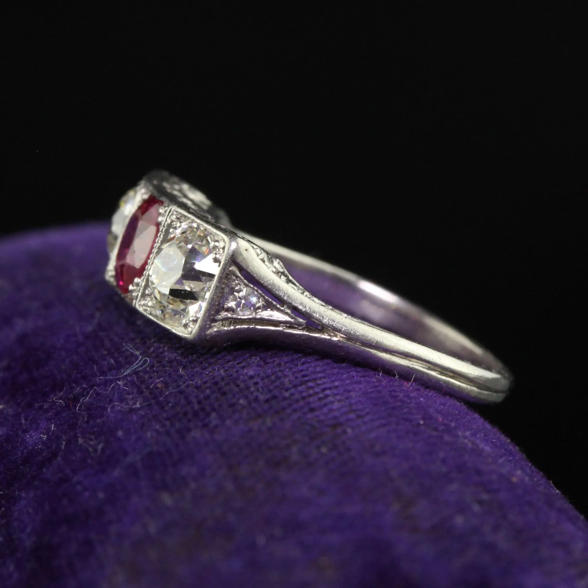 Antique Edwardian Platinum Old Mine Ruby and Diamond Three Stone Ring