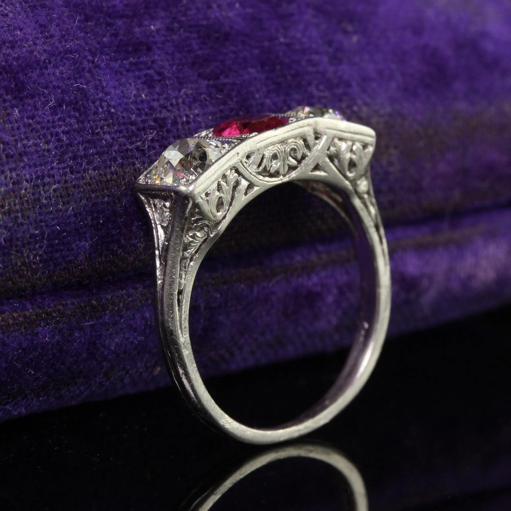 Antique Edwardian Platinum Old Mine Ruby and Diamond Three Stone Ring