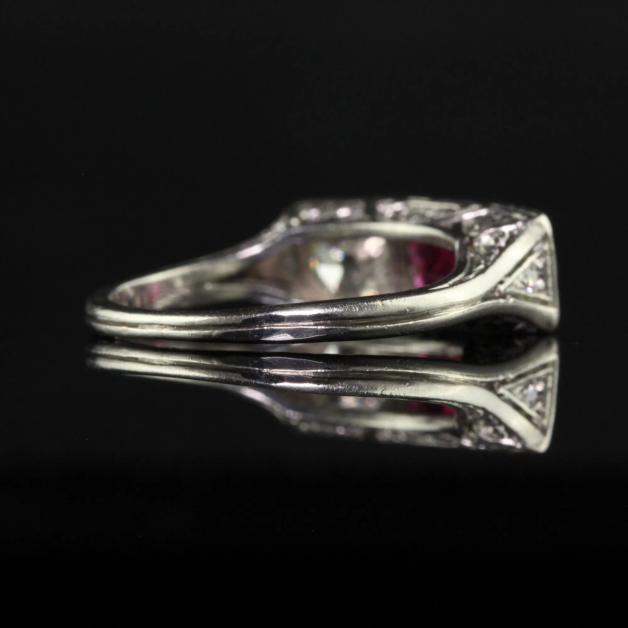 Antique Edwardian Platinum Old Mine Ruby and Diamond Three Stone Ring