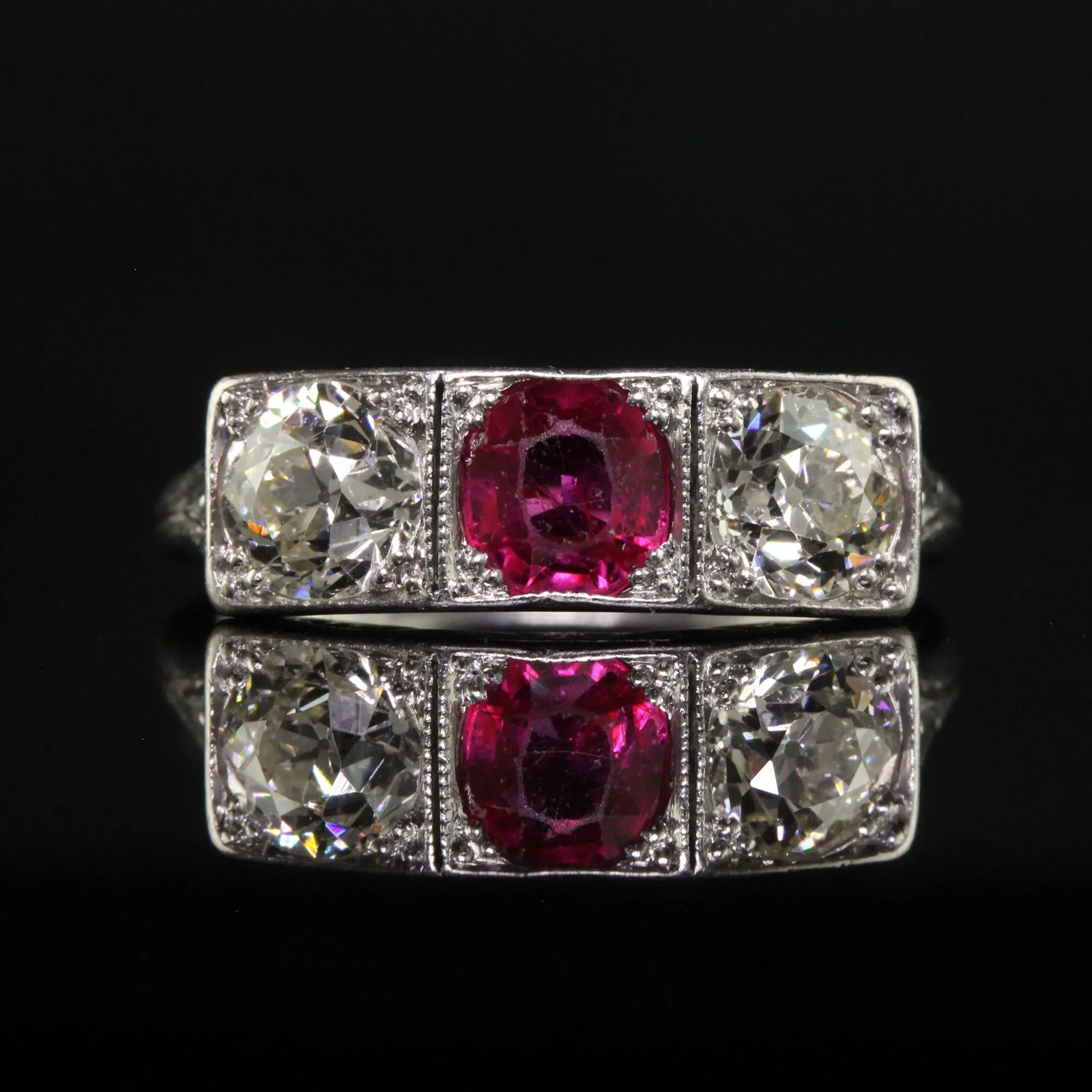 Antique Edwardian Platinum Old Mine Ruby and Diamond Three Stone Ring