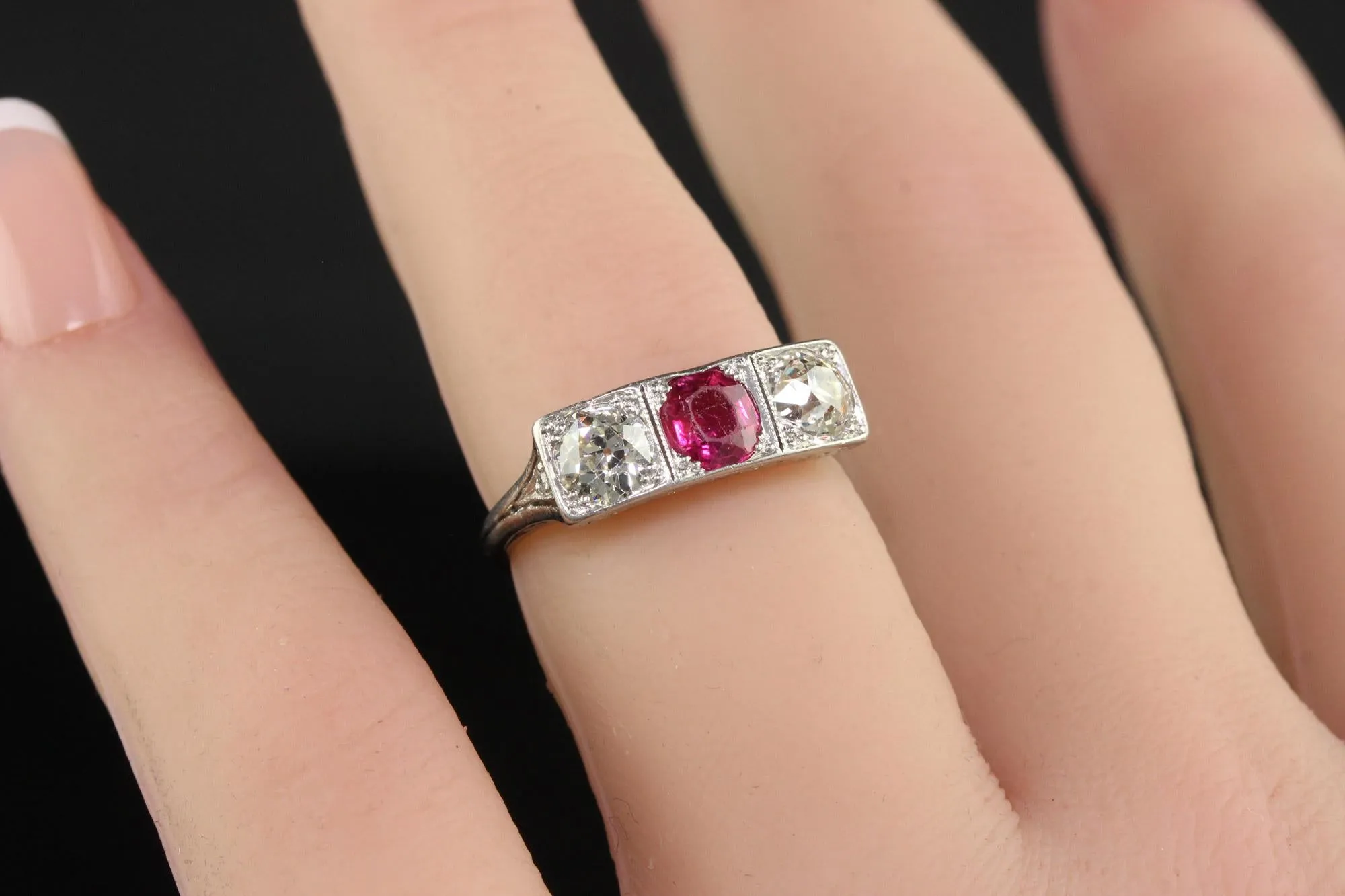 Antique Edwardian Platinum Old Mine Ruby and Diamond Three Stone Ring
