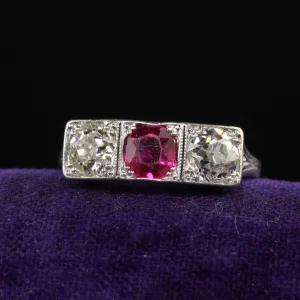 Antique Edwardian Platinum Old Mine Ruby and Diamond Three Stone Ring
