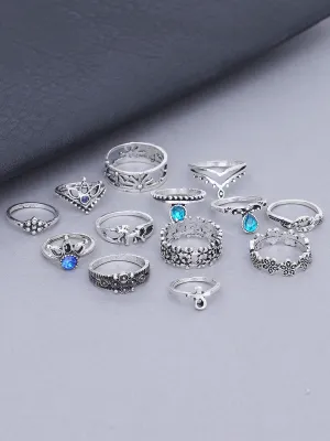Antique Set of 13 Oxidised Silver Colour Bohemian Midi Rings for Women