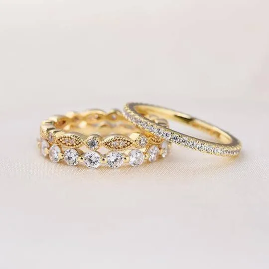 Art Deco 3-Pieces Stackable Wedding Band Set