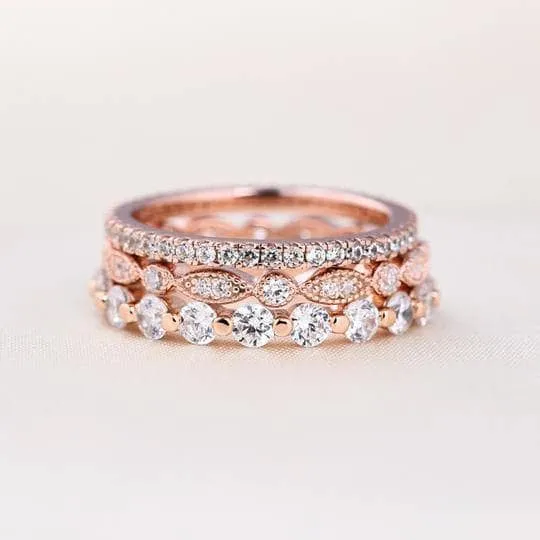 Art Deco 3-Pieces Stackable Wedding Band Set