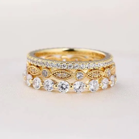 Art Deco 3-Pieces Stackable Wedding Band Set