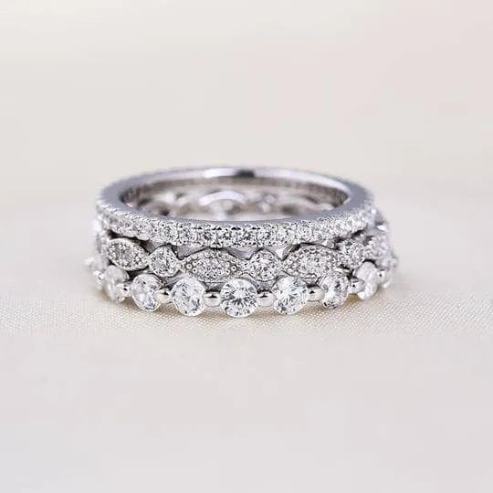 Art Deco 3-Pieces Stackable Wedding Band Set
