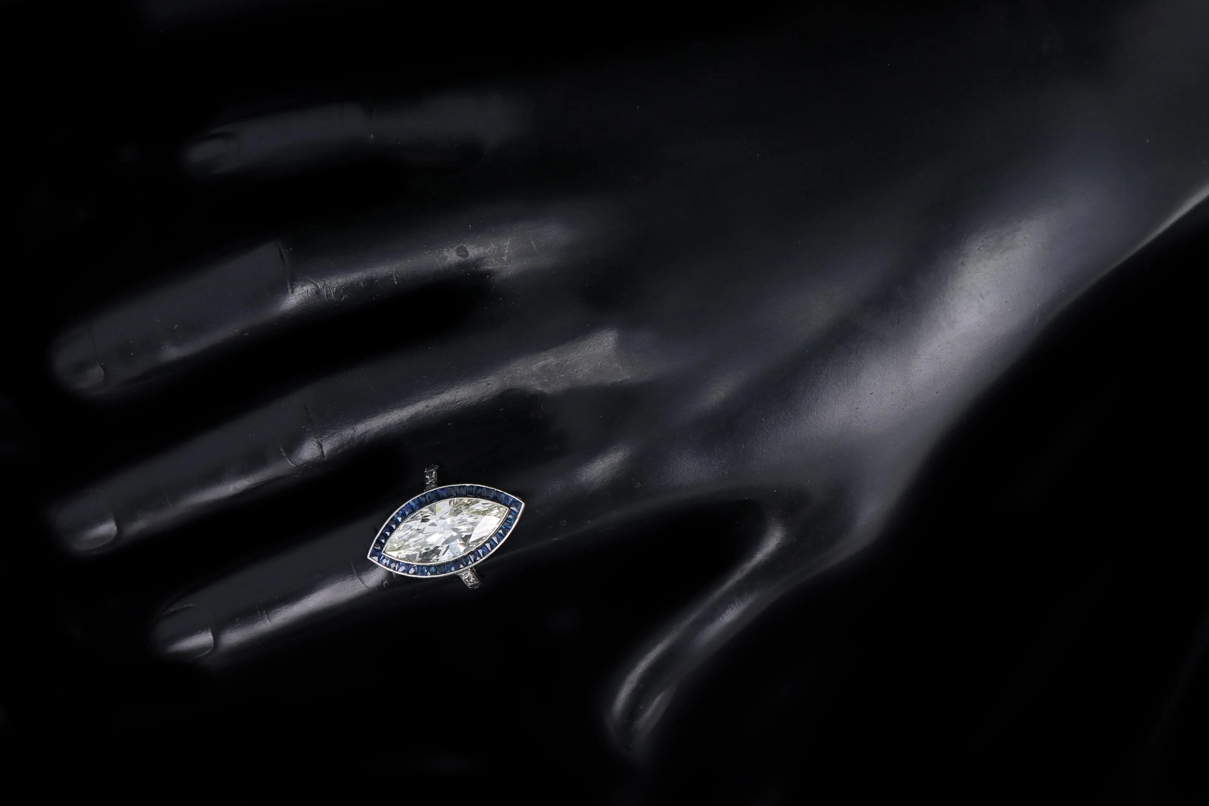 Art Deco Inspired Platinum 5.11 Carat Marquise Cut Diamond & Sapphire Ring GIA Certified