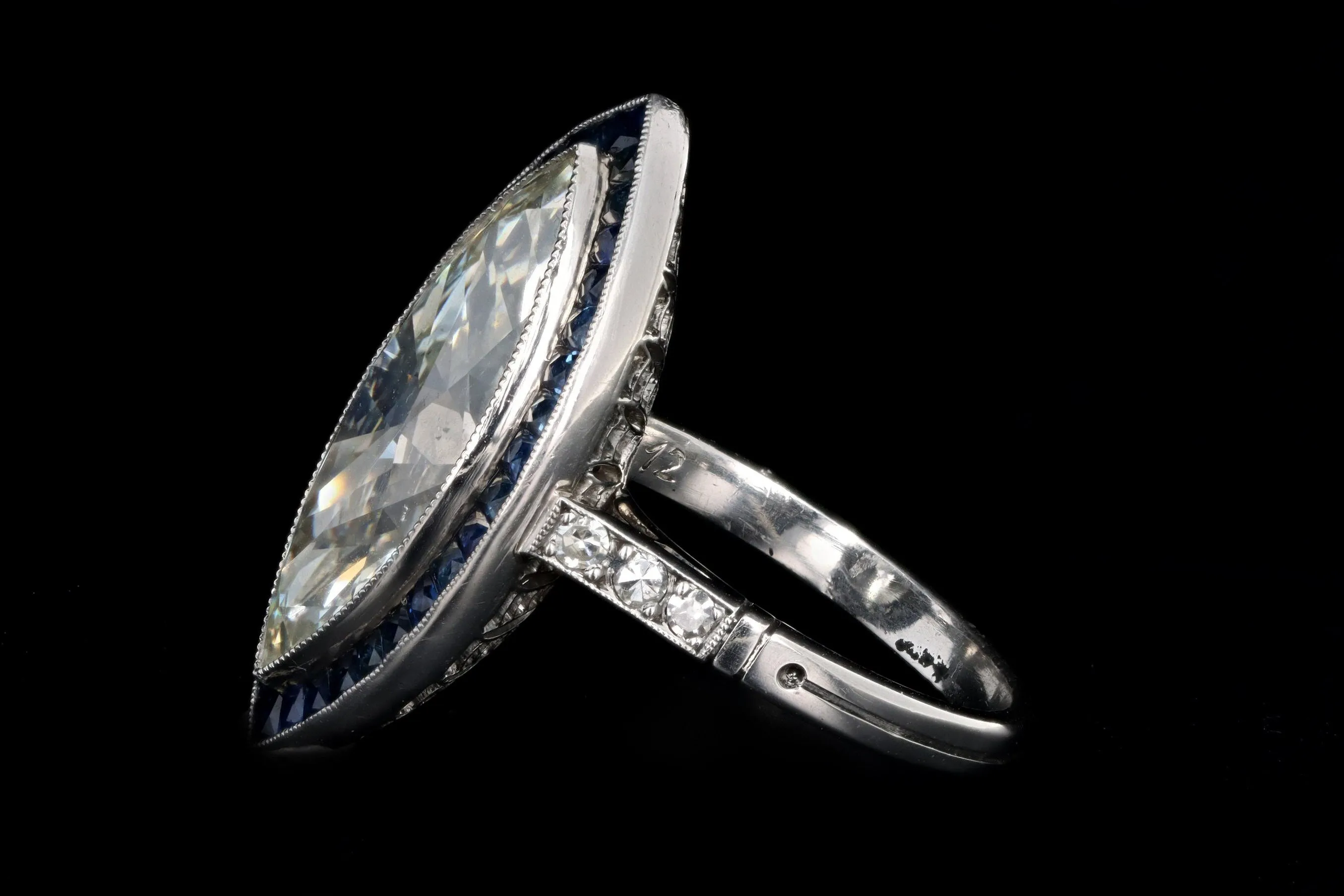 Art Deco Inspired Platinum 5.11 Carat Marquise Cut Diamond & Sapphire Ring GIA Certified