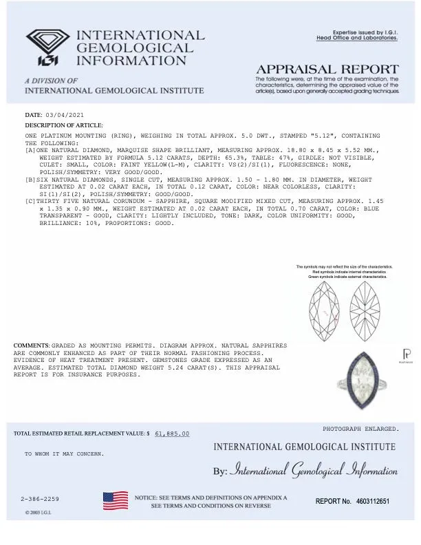 Art Deco Inspired Platinum 5.11 Carat Marquise Cut Diamond & Sapphire Ring GIA Certified