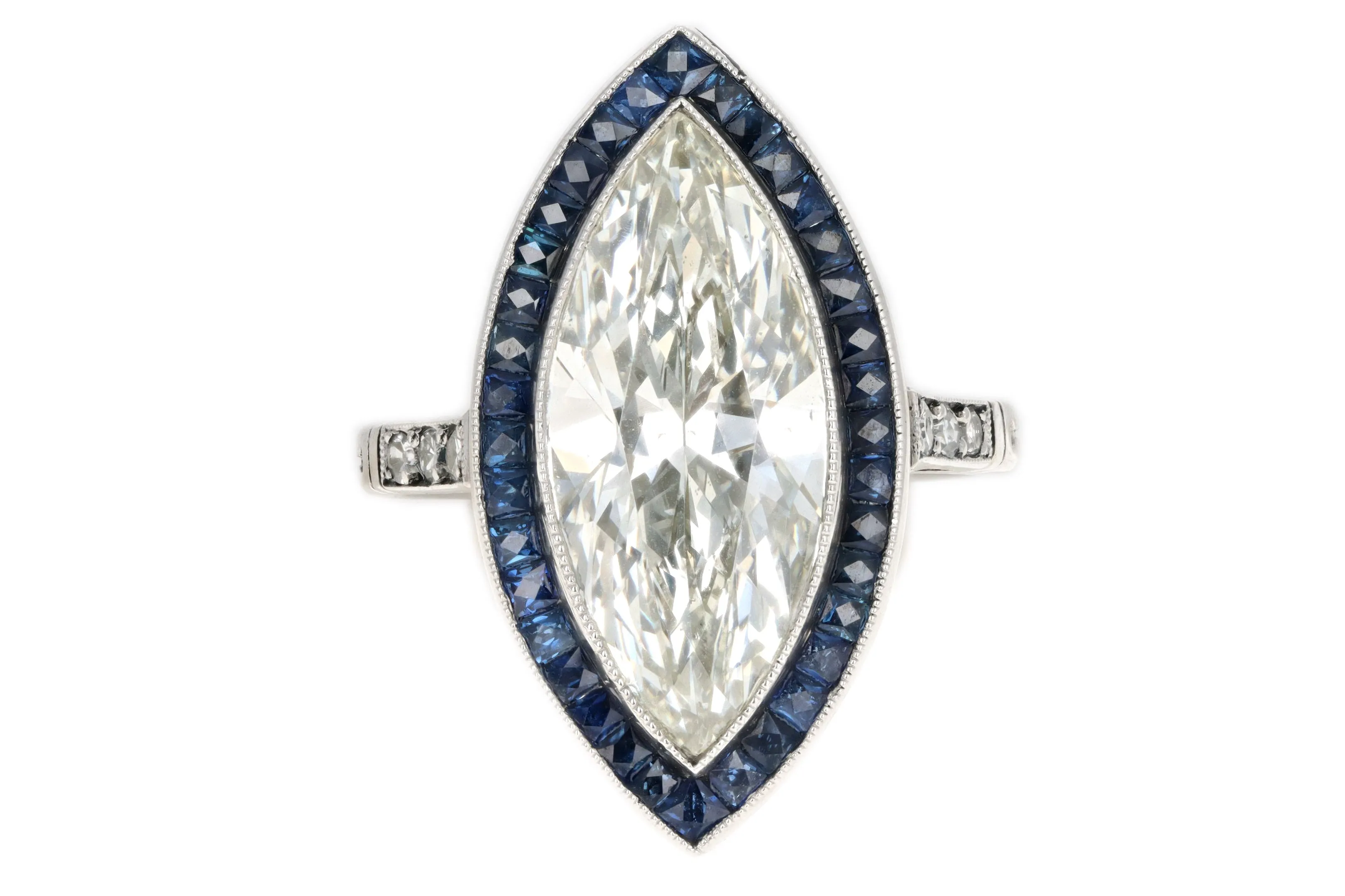 Art Deco Inspired Platinum 5.11 Carat Marquise Cut Diamond & Sapphire Ring GIA Certified