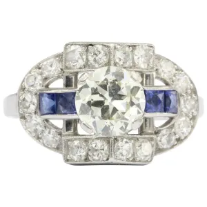 Art Deco Platinum .93ct Old European Diamond & Sapphire Ring 1.79 CTW