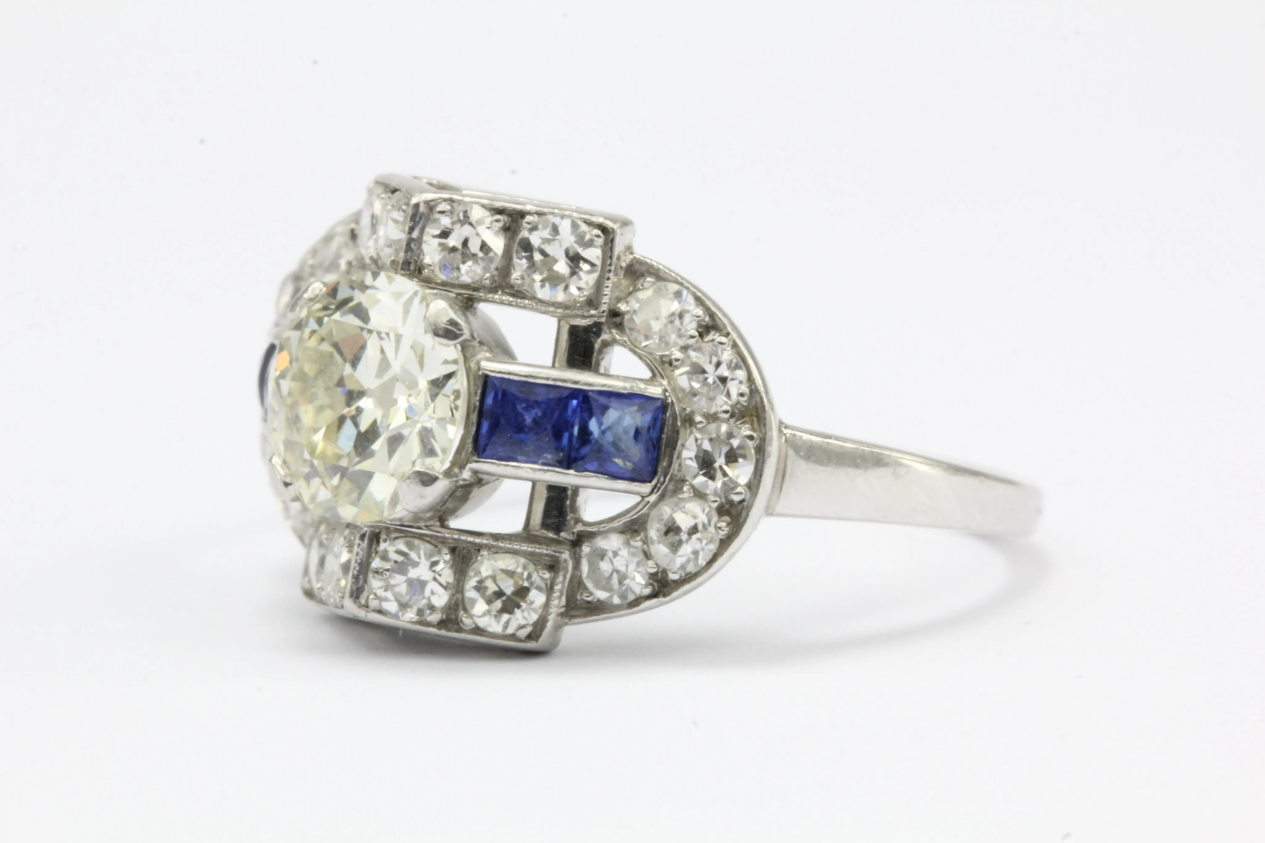 Art Deco Platinum .93ct Old European Diamond & Sapphire Ring 1.79 CTW