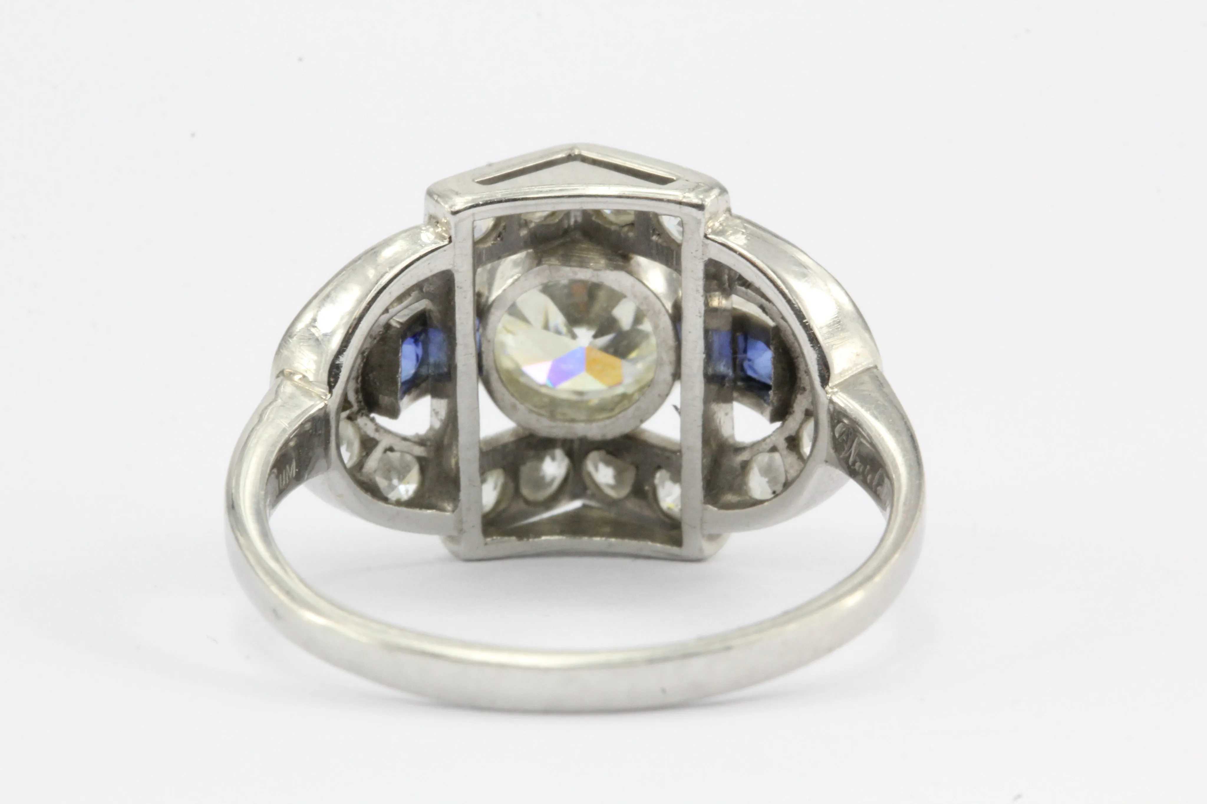 Art Deco Platinum .93ct Old European Diamond & Sapphire Ring 1.79 CTW