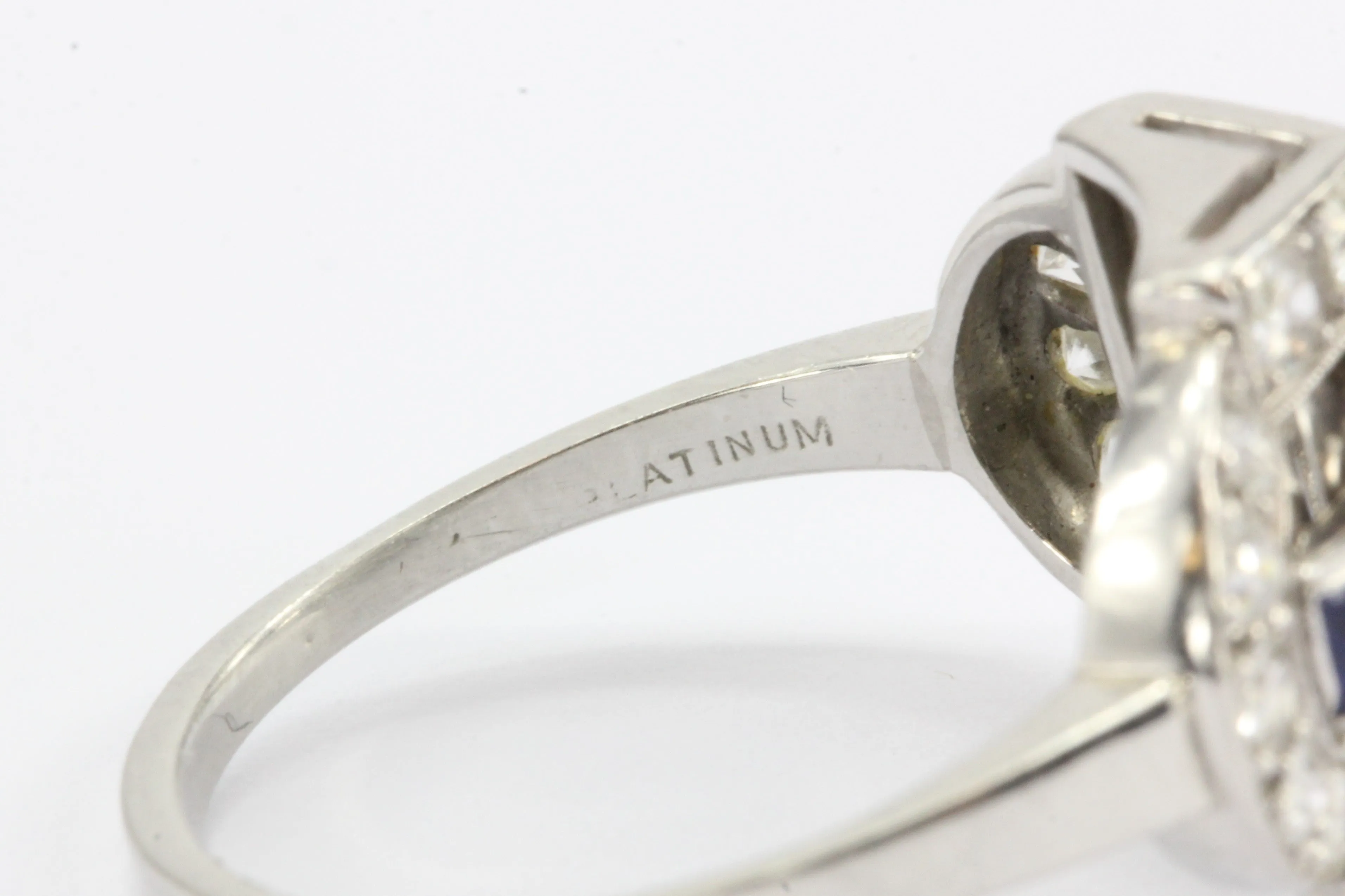 Art Deco Platinum .93ct Old European Diamond & Sapphire Ring 1.79 CTW