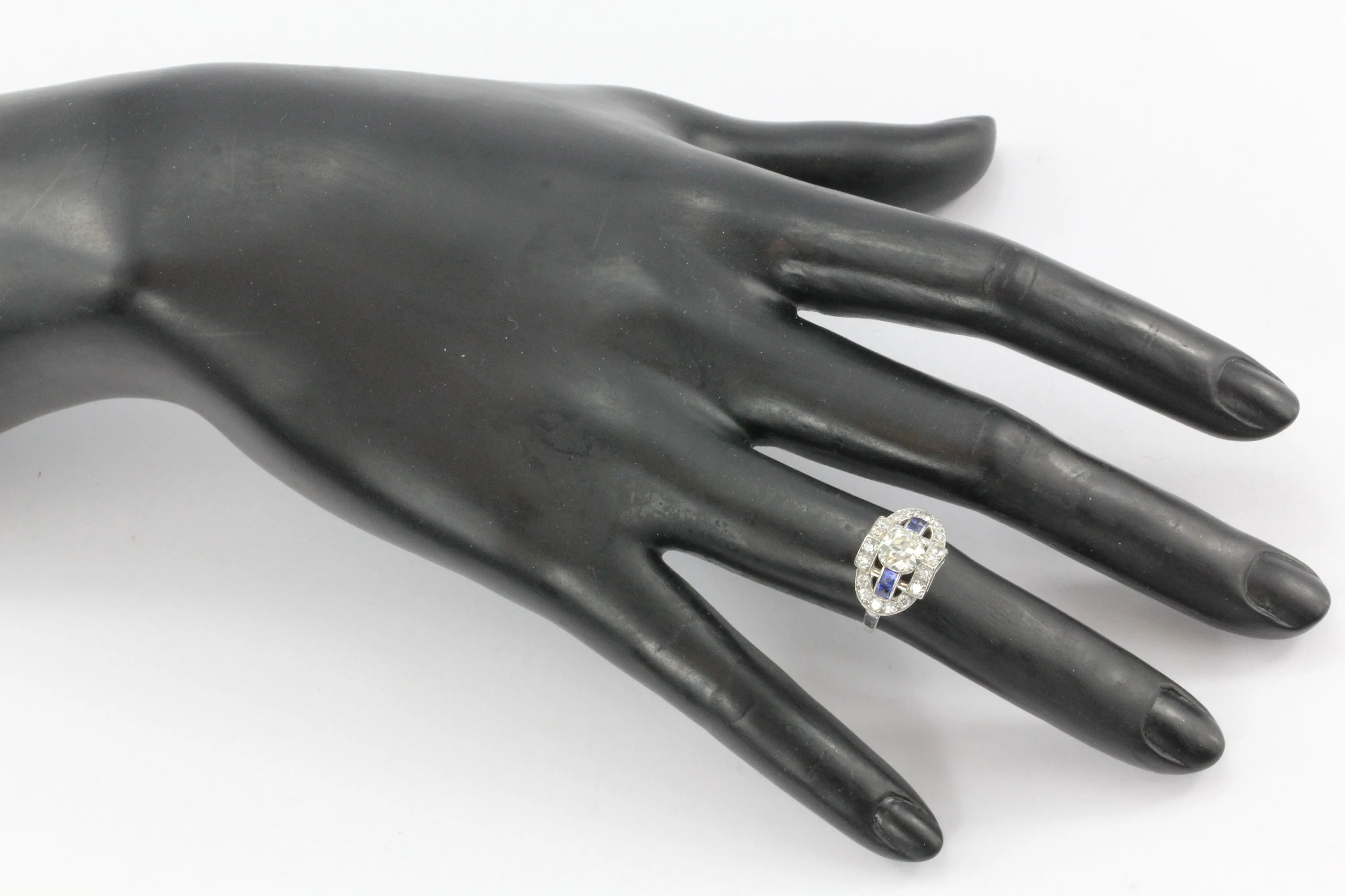 Art Deco Platinum .93ct Old European Diamond & Sapphire Ring 1.79 CTW