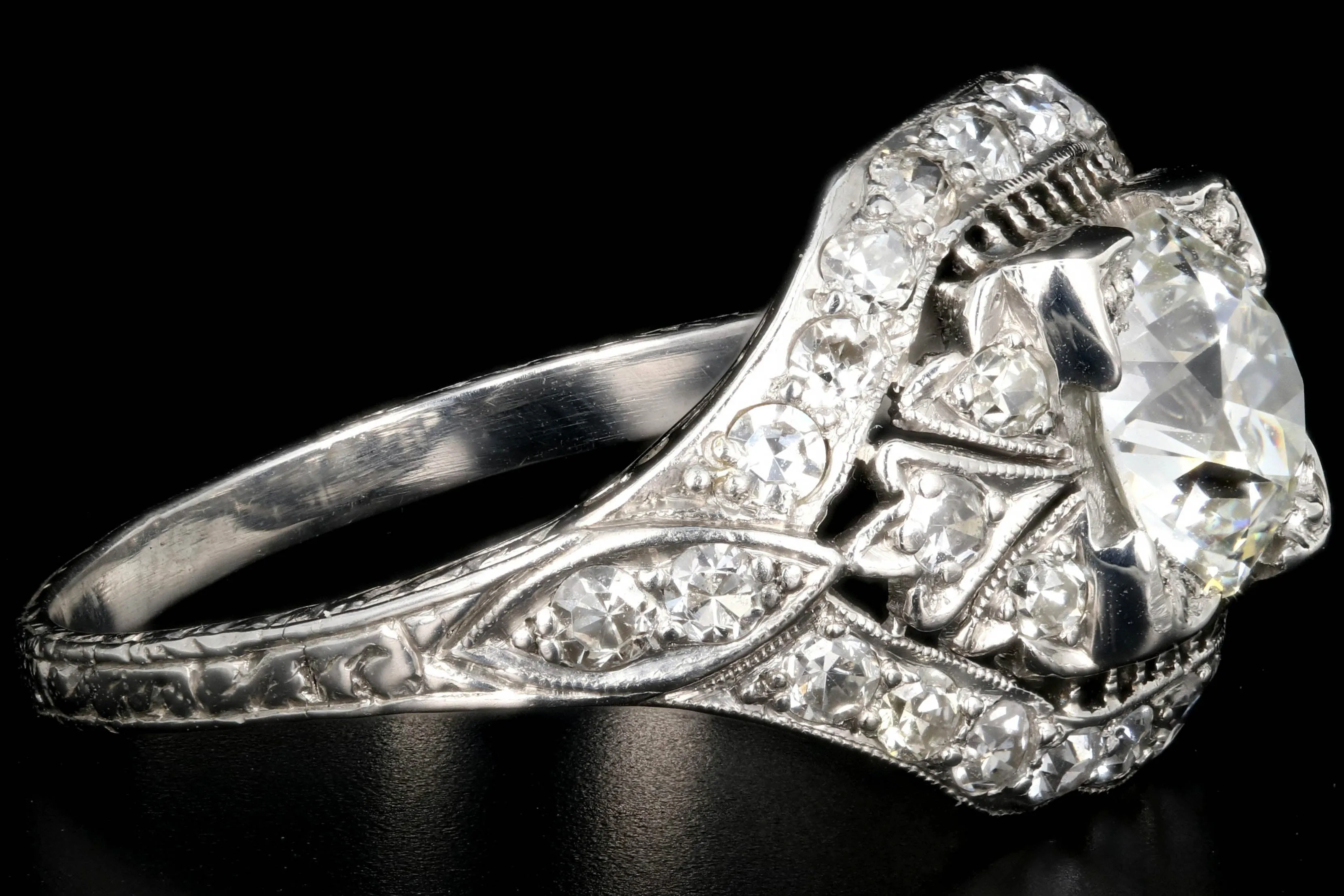 Art Deco Platinum EGL Certified 1.35 CT Old European Cut Filigree Engagement Ring