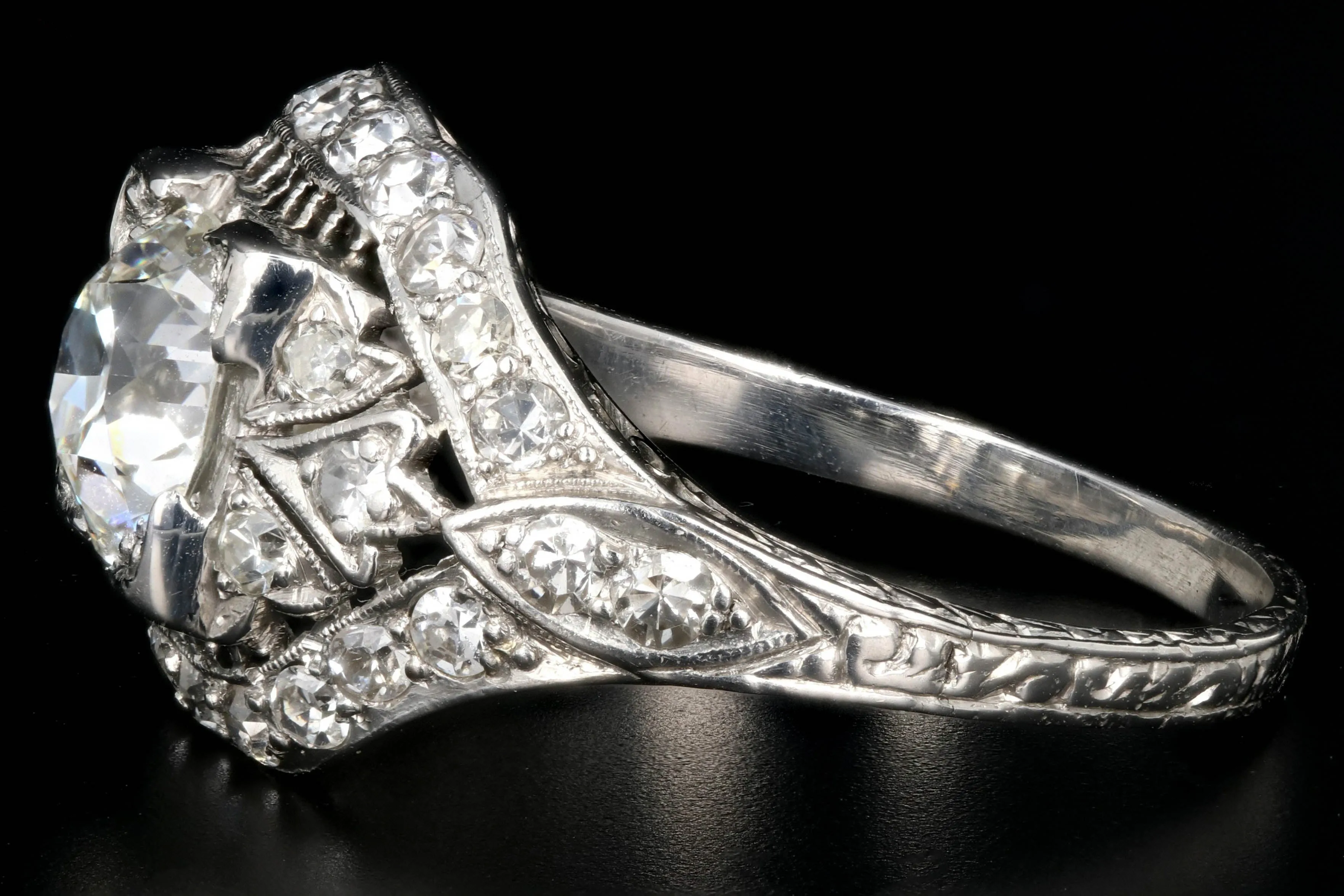 Art Deco Platinum EGL Certified 1.35 CT Old European Cut Filigree Engagement Ring