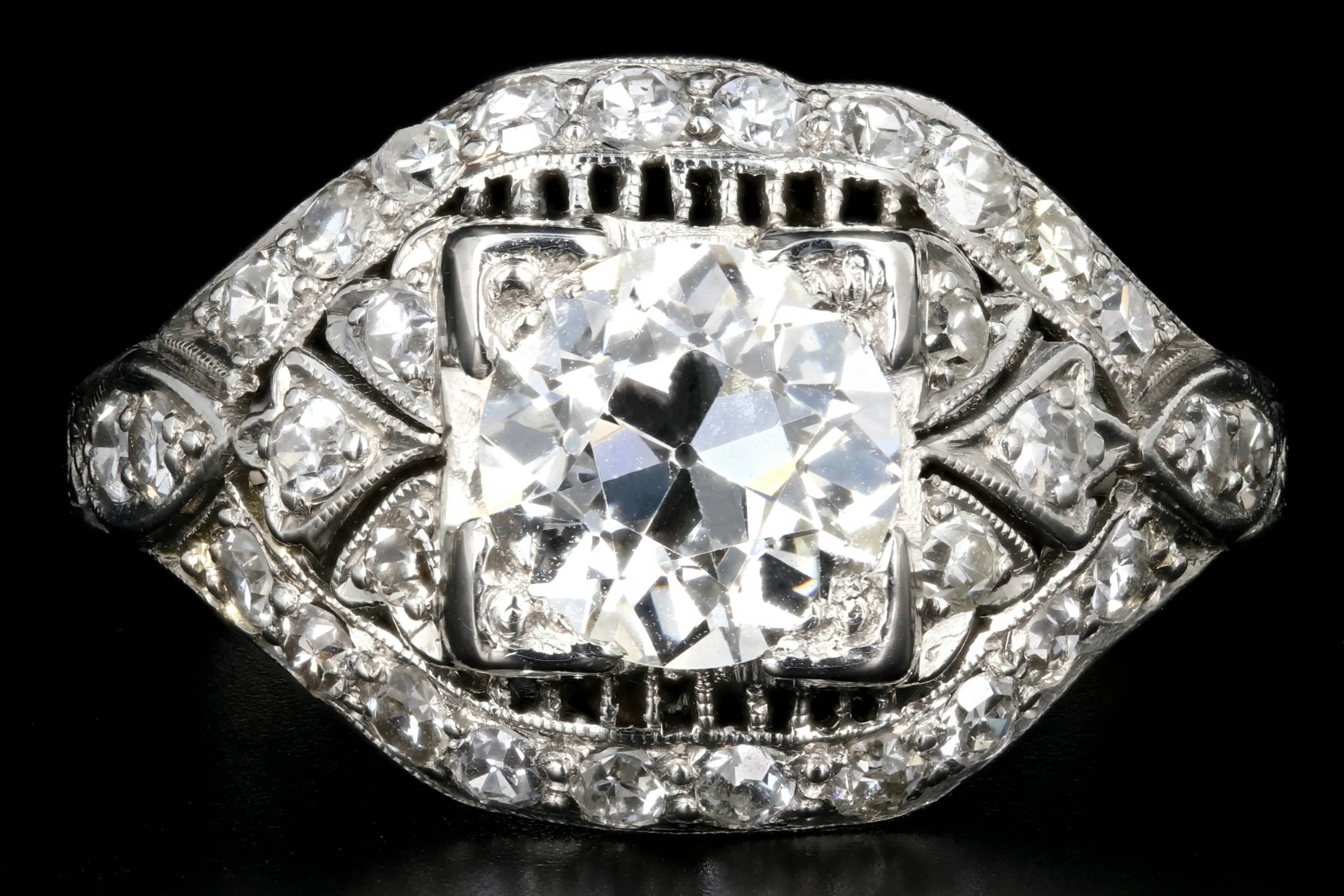 Art Deco Platinum EGL Certified 1.35 CT Old European Cut Filigree Engagement Ring