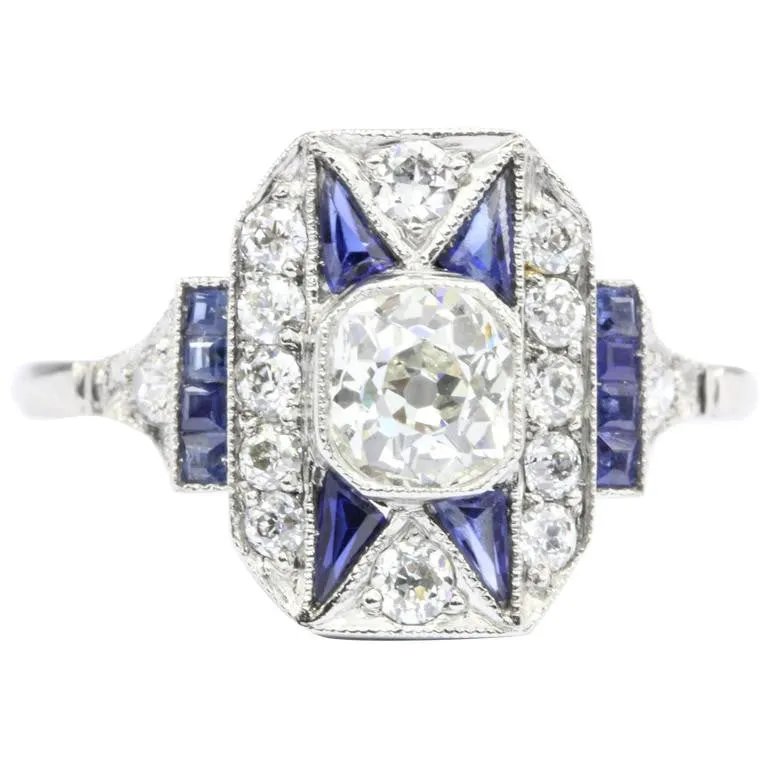 Art Deco Platinum Old Mine Diamond and Sapphire Filigree Ring c.1920