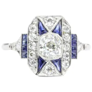 Art Deco Platinum Old Mine Diamond and Sapphire Filigree Ring c.1920