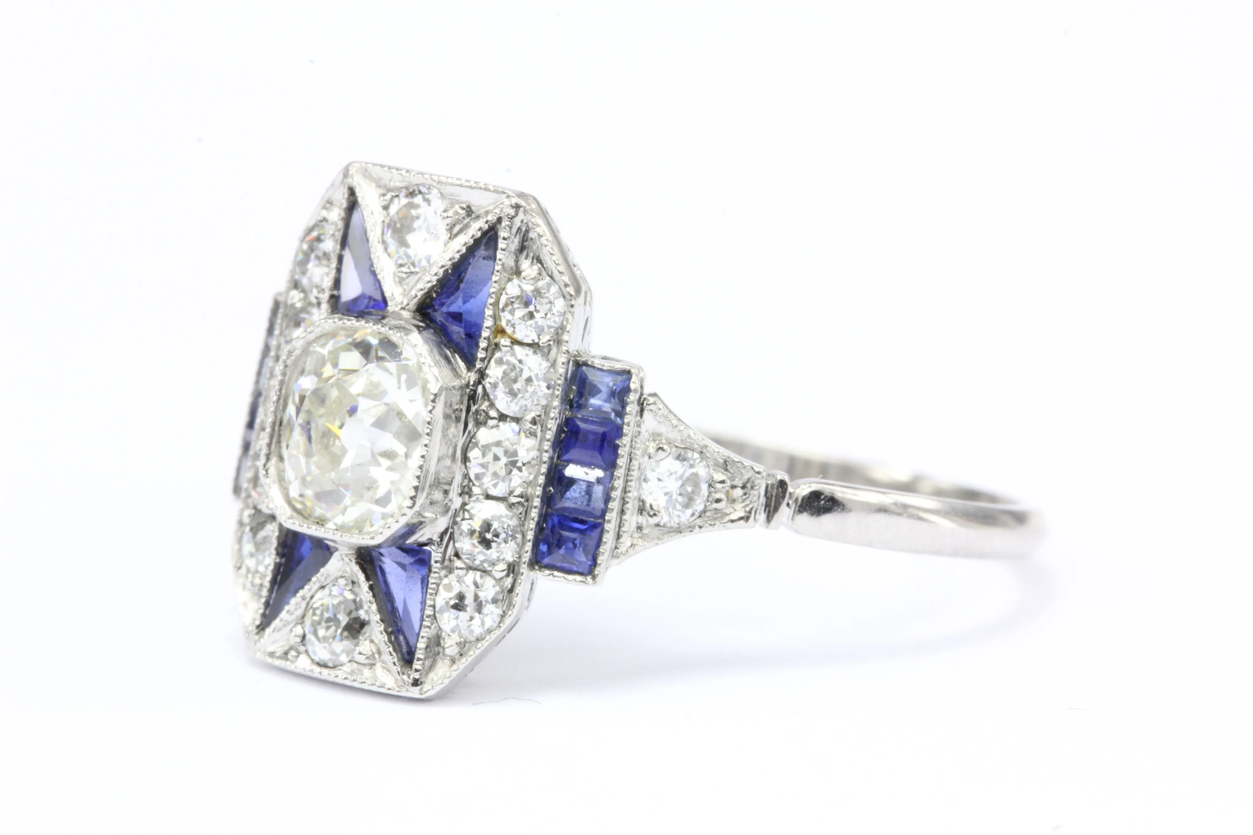 Art Deco Platinum Old Mine Diamond and Sapphire Filigree Ring c.1920