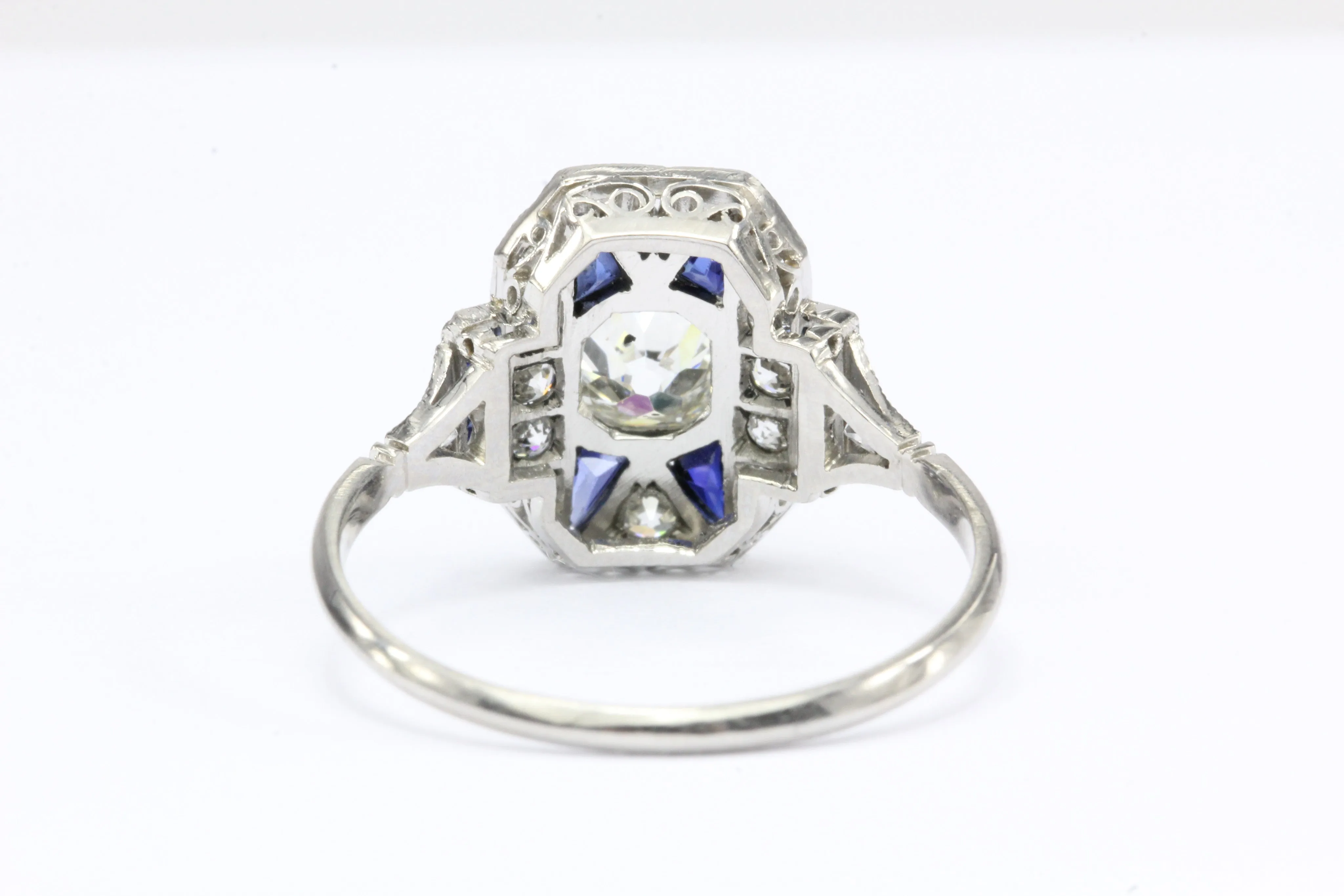 Art Deco Platinum Old Mine Diamond and Sapphire Filigree Ring c.1920