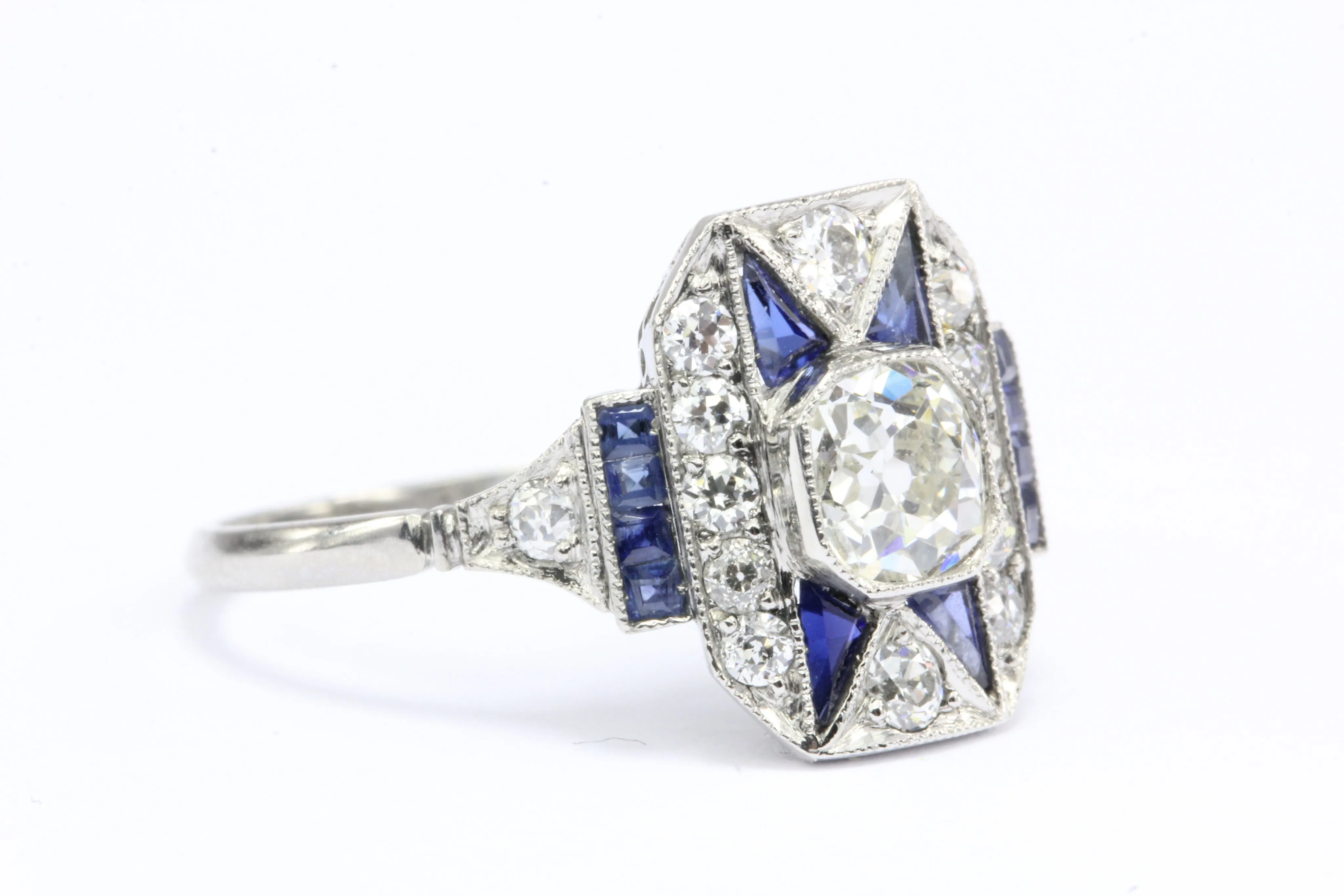 Art Deco Platinum Old Mine Diamond and Sapphire Filigree Ring c.1920