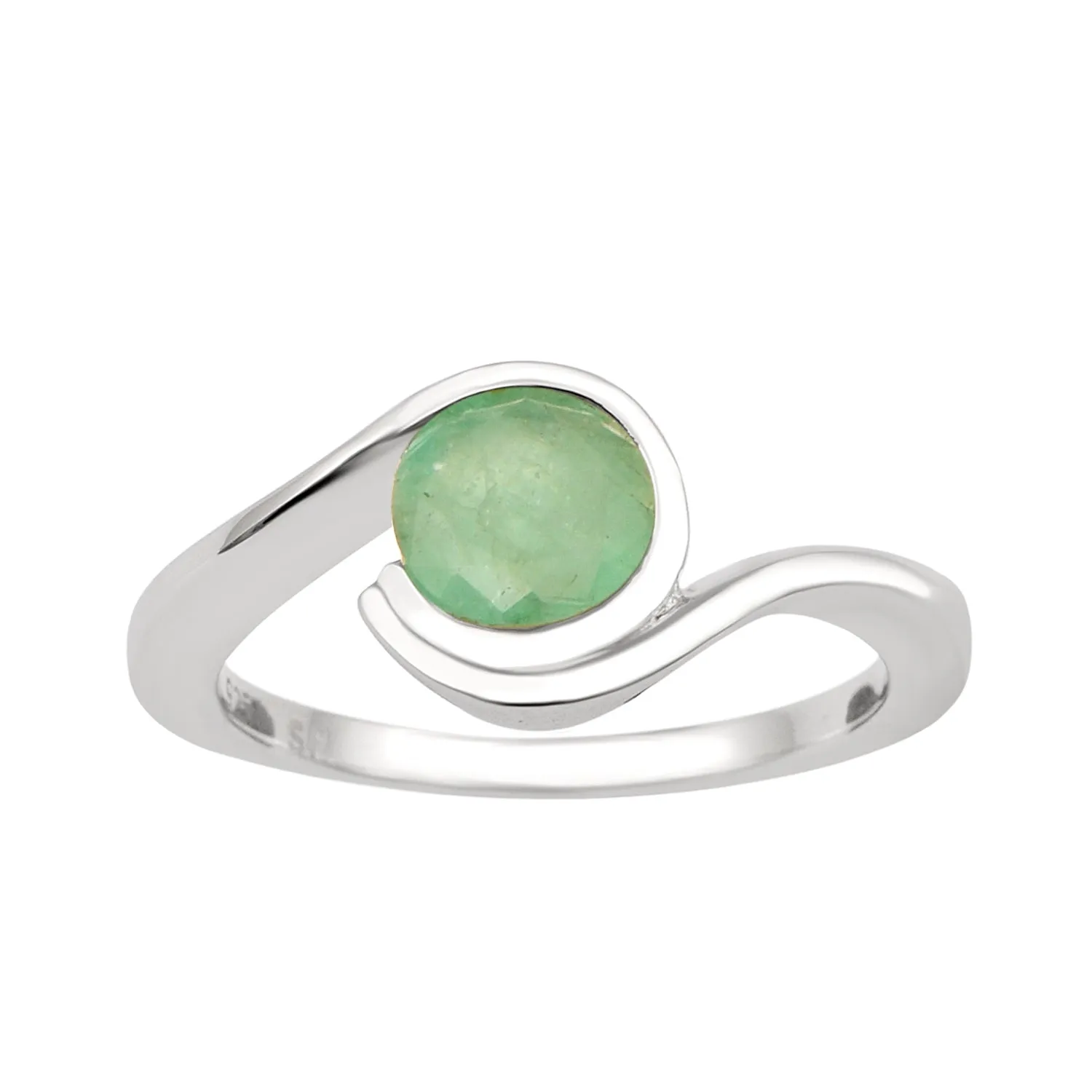 Bar-Set Solitaire 6mm Round Emerald Bypass Ring 925 Sterling Silver