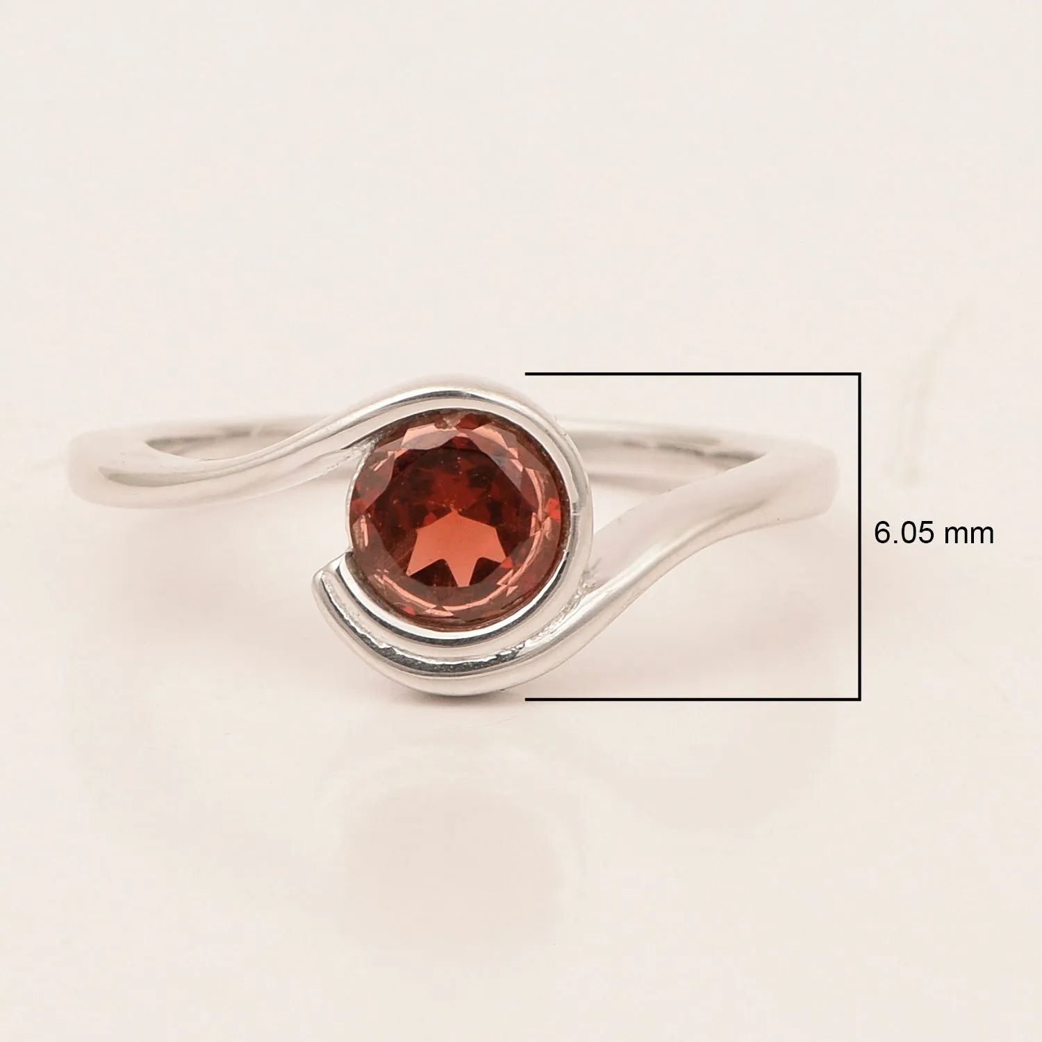 Bar-Set Solitaire 6mm Round Garnet Natural Gemstone Bypass Ring Sterling Silver