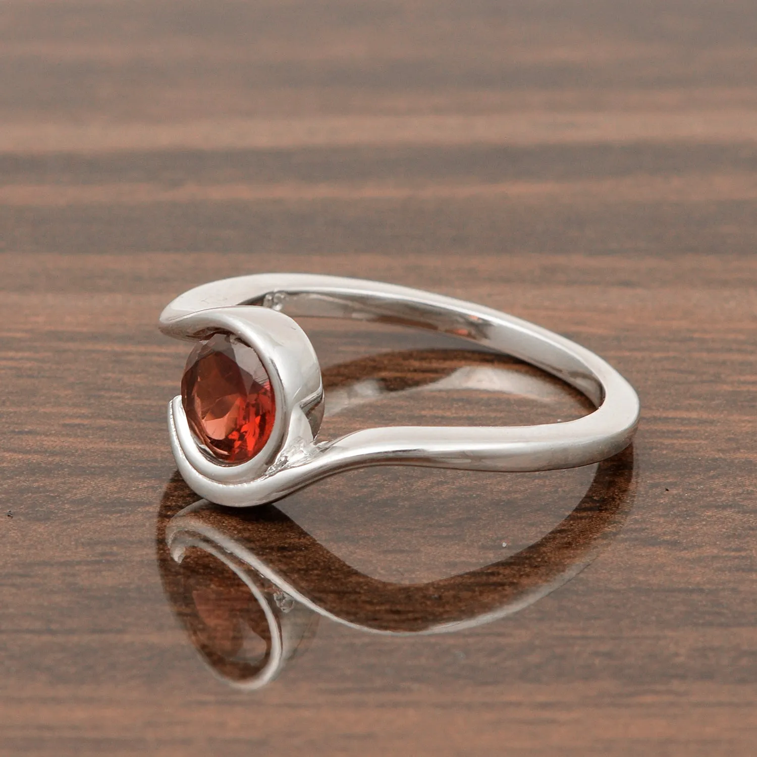 Bar-Set Solitaire 6mm Round Garnet Natural Gemstone Bypass Ring Sterling Silver