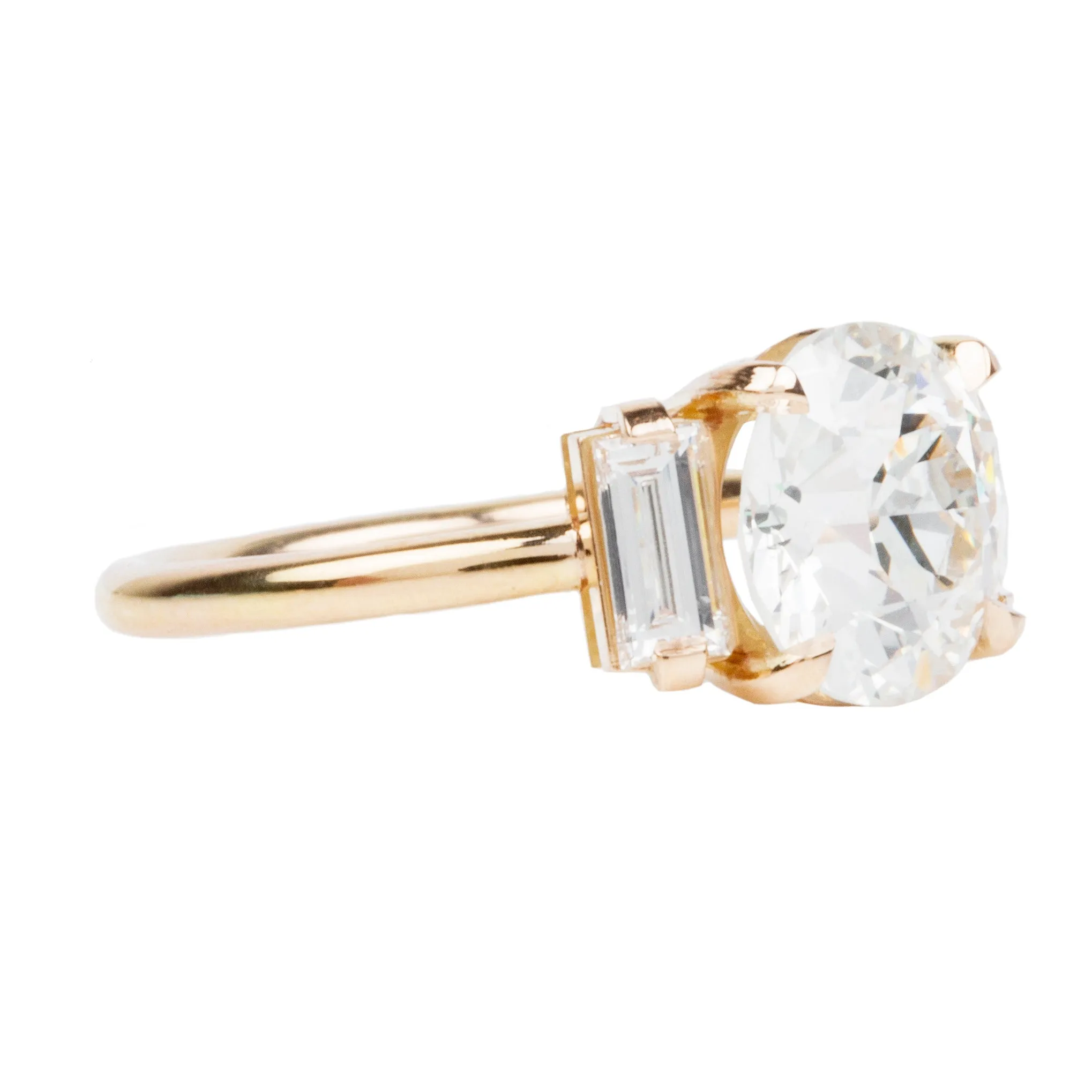 Bell & Bird Three Stone Old European Cut Diamond Ring with Vertical Baguettes