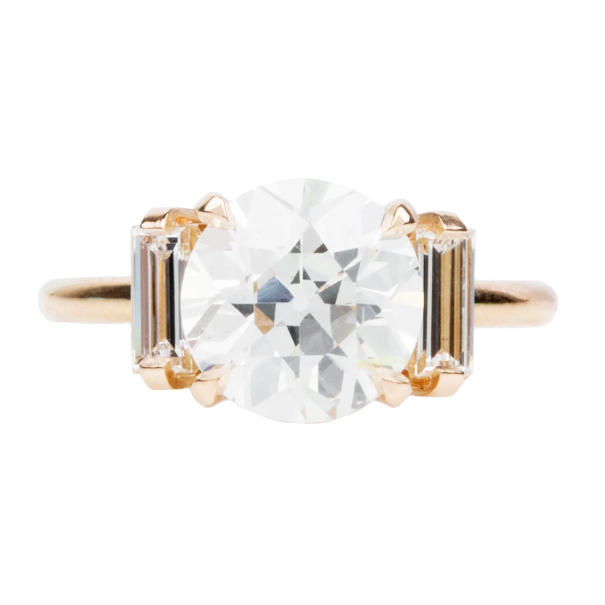 Bell & Bird Three Stone Old European Cut Diamond Ring with Vertical Baguettes