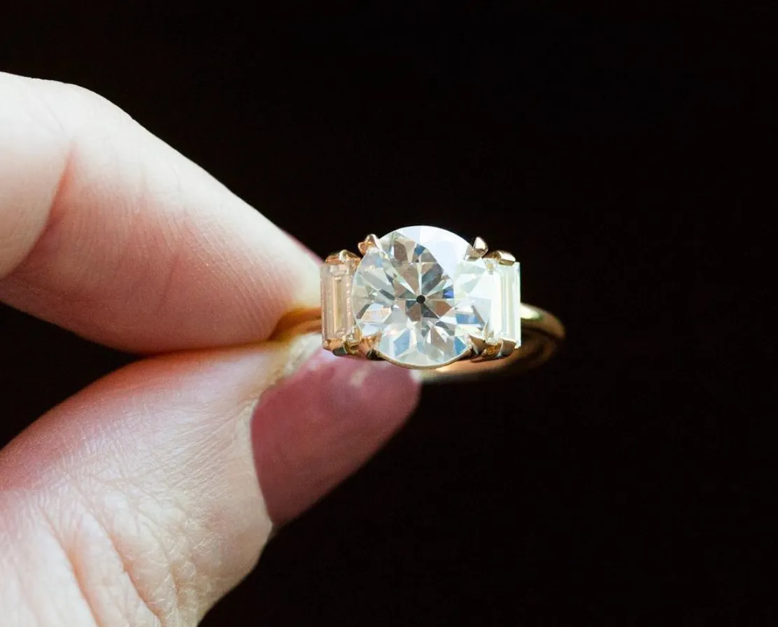 Bell & Bird Three Stone Old European Cut Diamond Ring with Vertical Baguettes