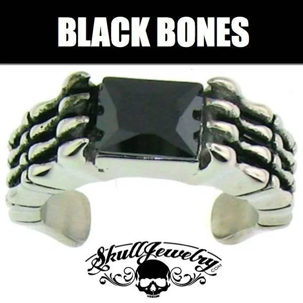 'Black Bones' Stainless Steel Ring with Black Gemstone (#293)