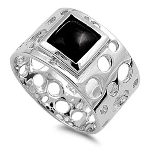 Black Onyx Cutout Circle Square Solitaire Ring Sterling Silver Band Sizes 5-10