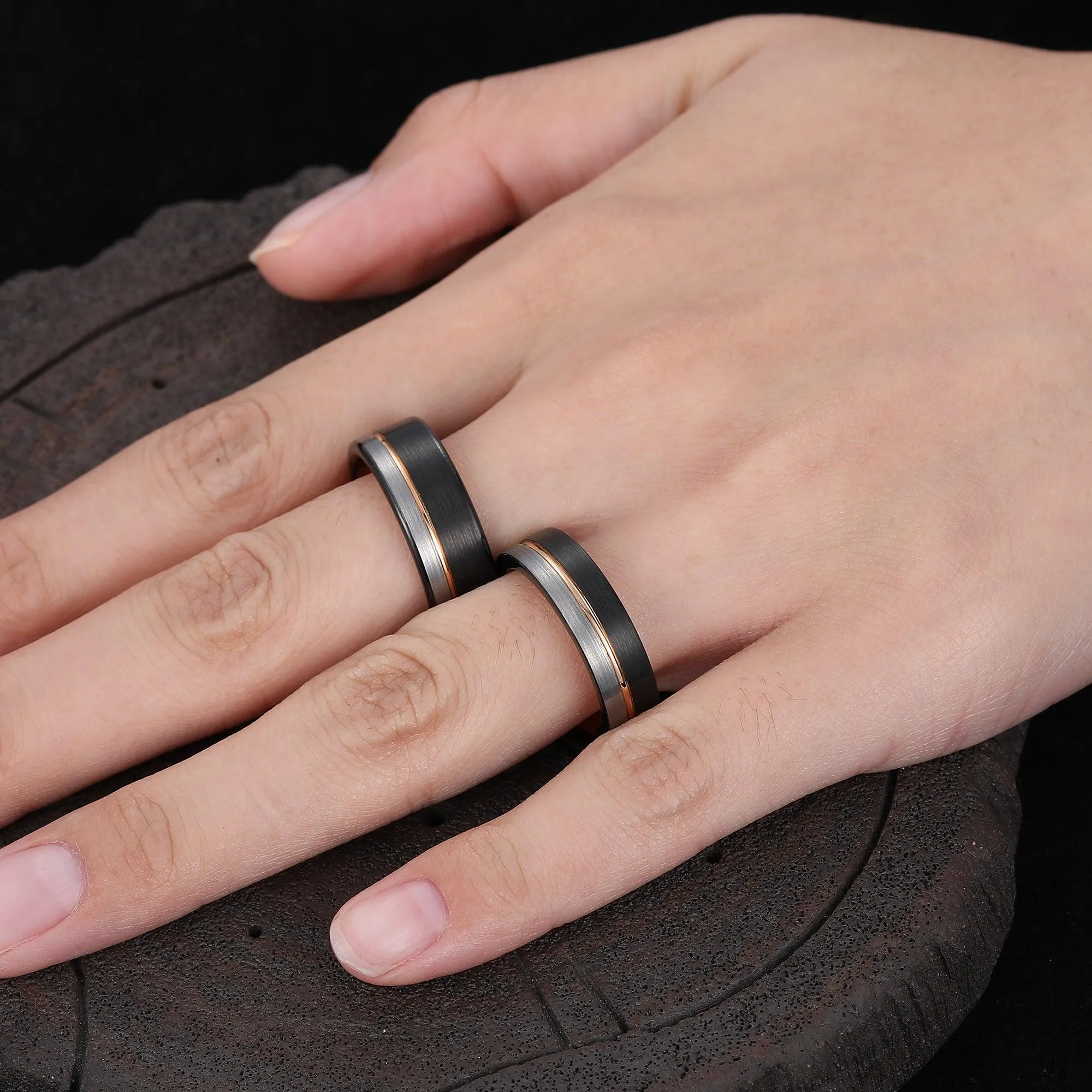 Black-Rose Gold-Silver Three-Color Couple Ring Sets His and Hers Tungsten Wedding Rings Silver Ring