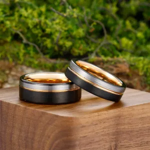 Black-Rose Gold-Silver Three-Color Couple Ring Sets His and Hers Tungsten Wedding Rings Silver Ring