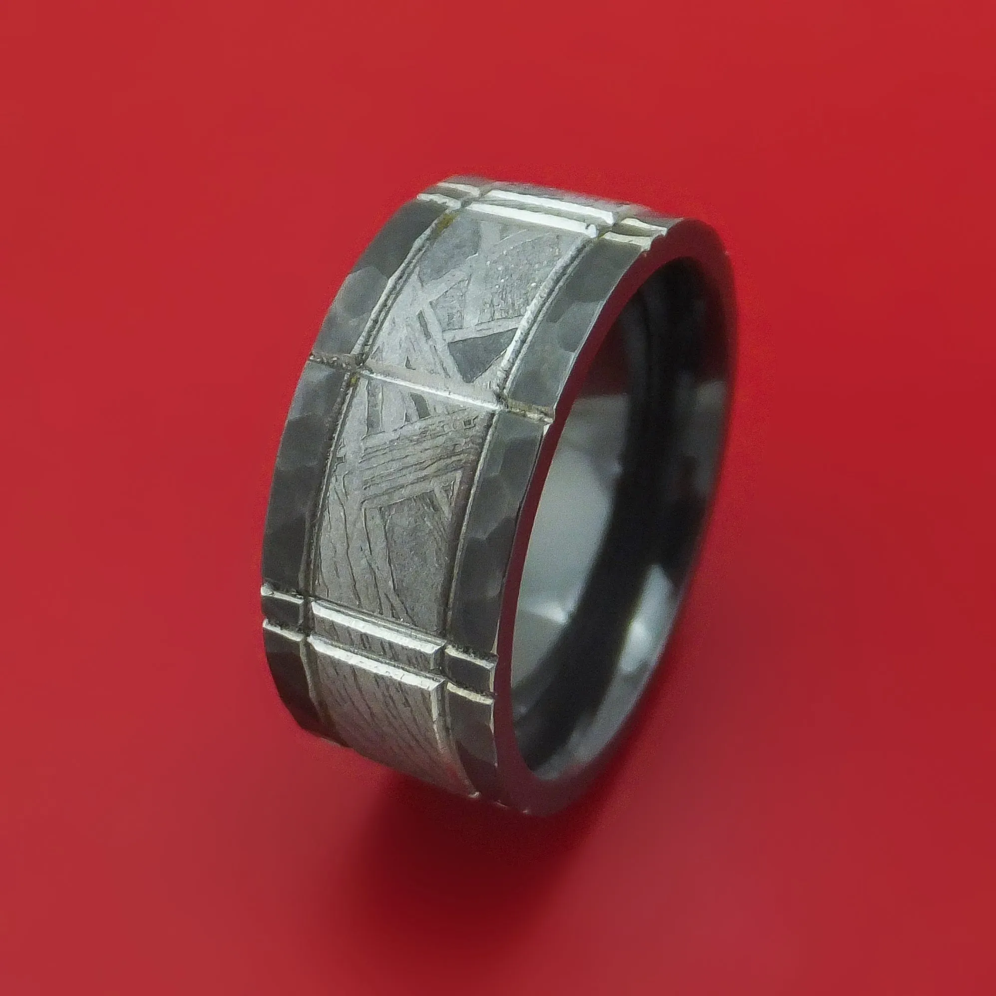 Black Zirconium and Meteorite Crosshatch Design Ring Custom Made Band
