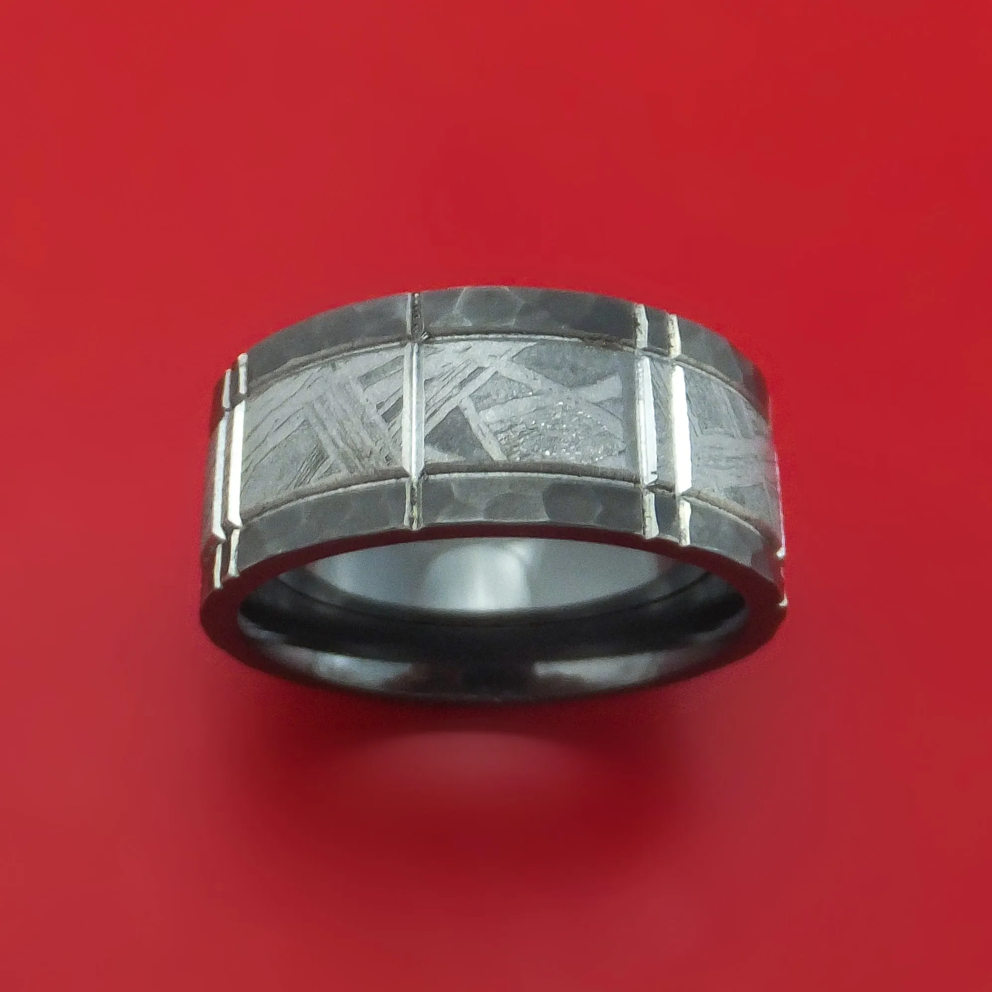 Black Zirconium and Meteorite Crosshatch Design Ring Custom Made Band