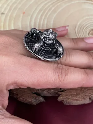 Bohemian Gypsy Elephant Design Oxidized Silver Afghani Ring