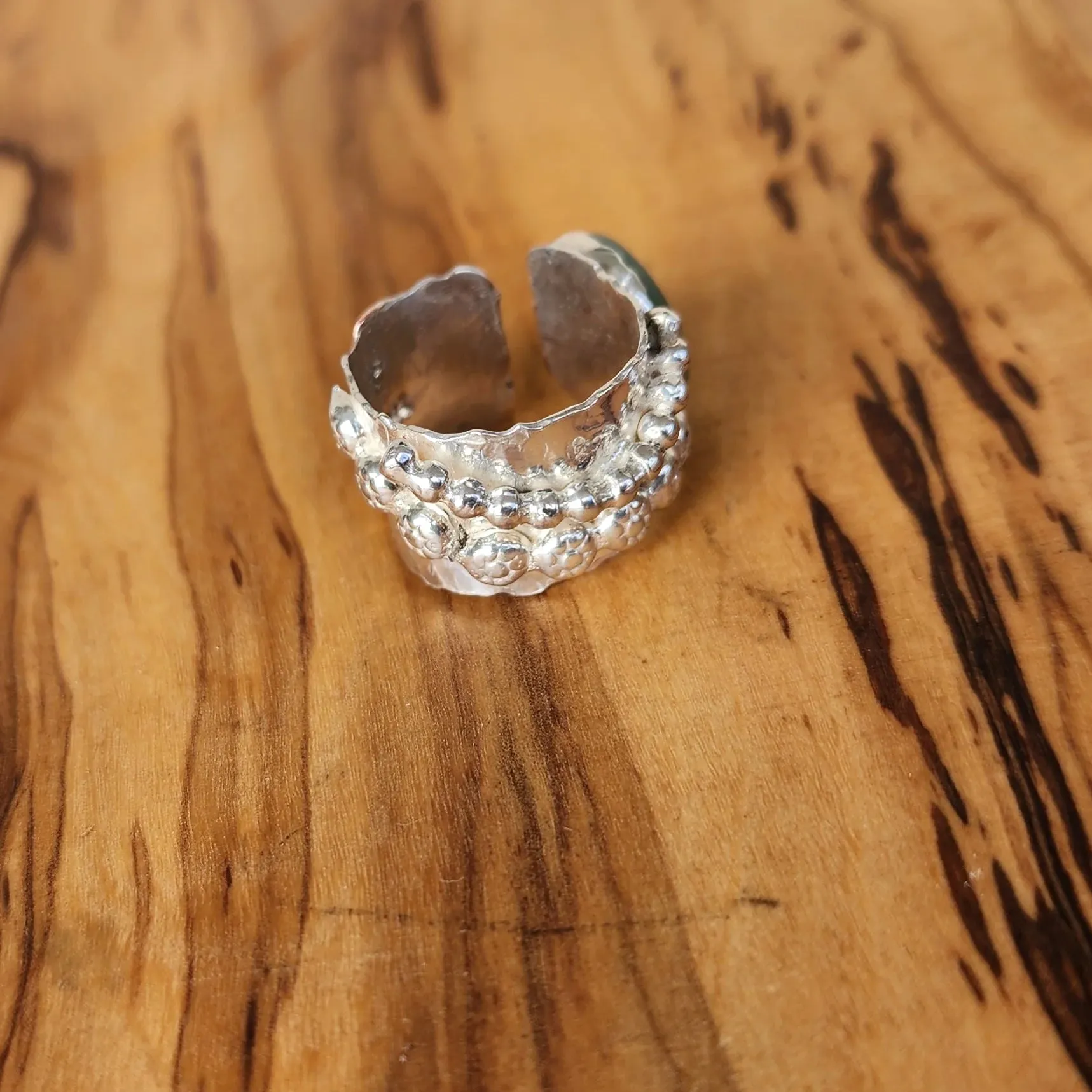 Bold Boho Hammered Texture Sterling Silver Statement Ring – Aventurine & Unikite with Copper Heart