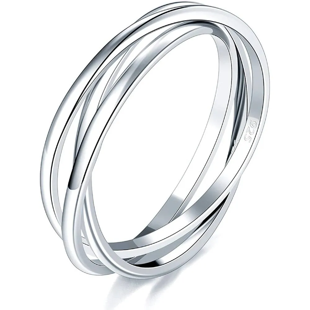 BORUO 925 Sterling Silver Ring Triple Row Rolling Interlocking Silver Rings High Polish Rings for Women, Men Each Band Width 1.8mm Size 4-12